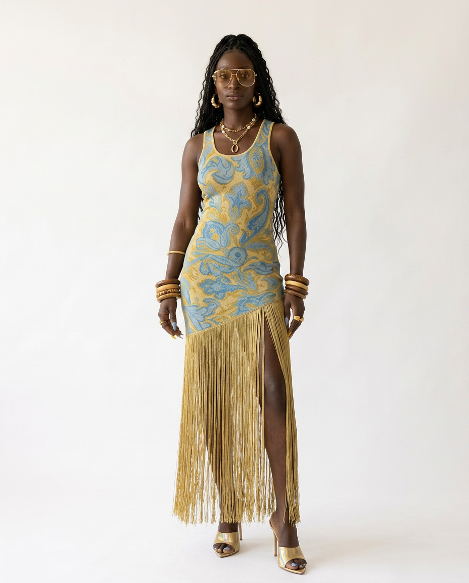 Wild Heart Printed Tassel Maxi Dress Boho Brown