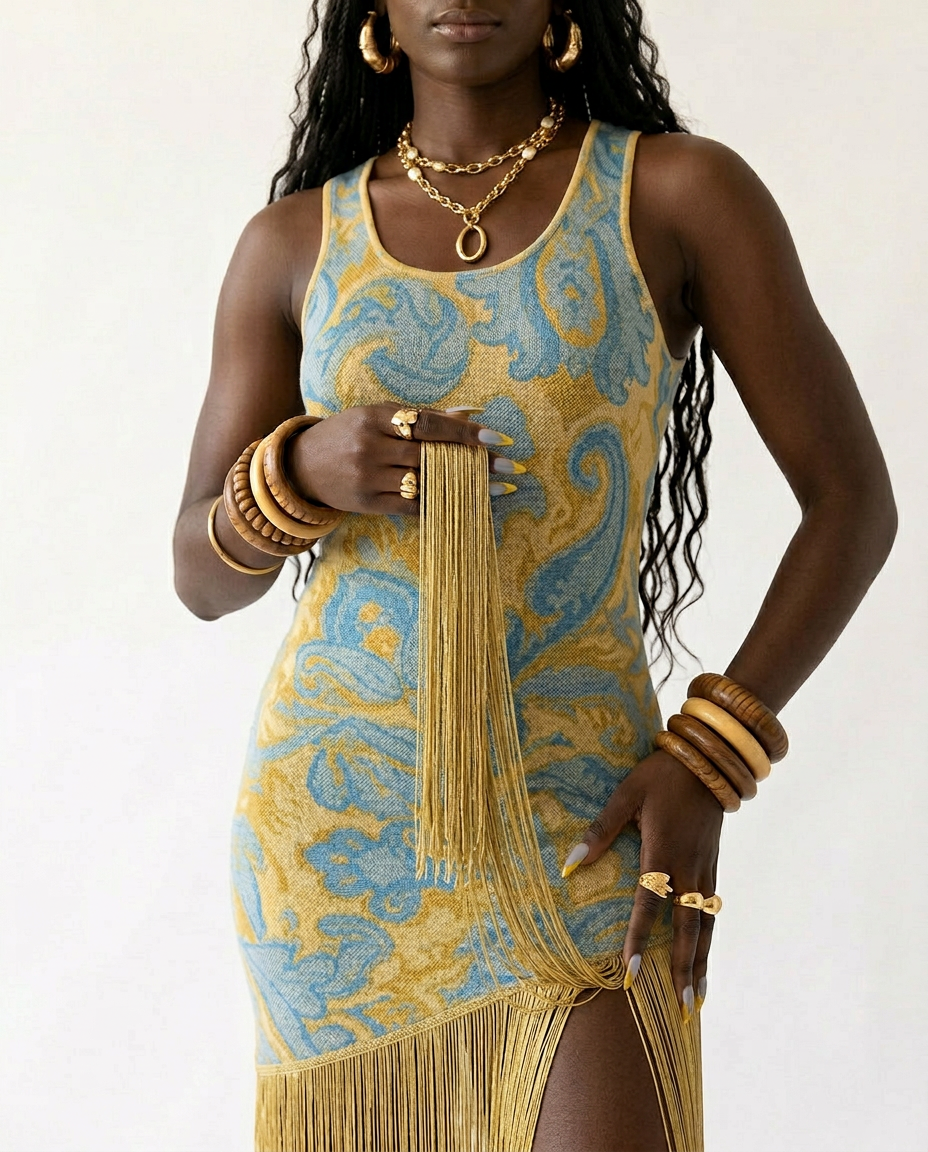 Wild Heart Printed Tassel Maxi Dress Boho Brown