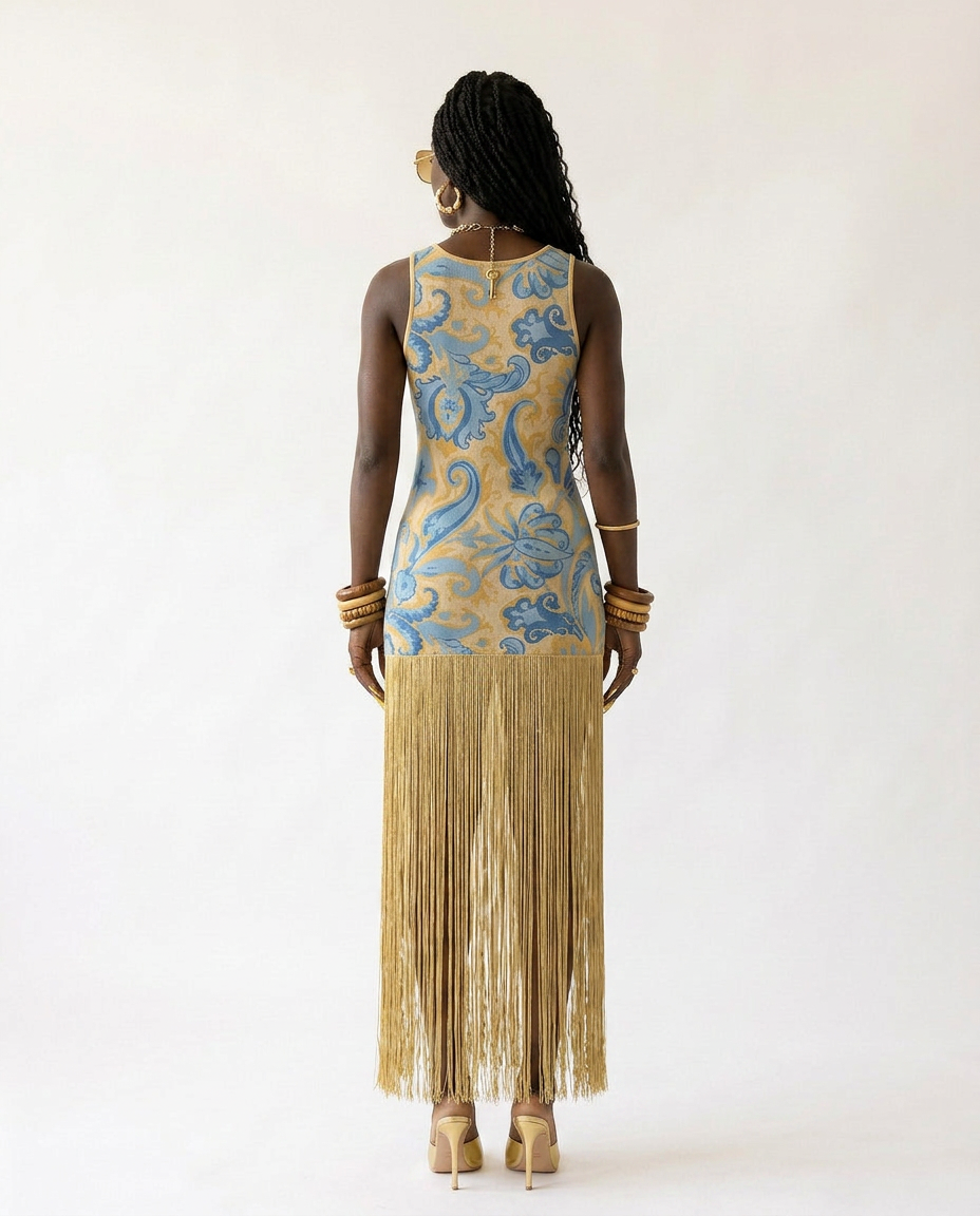 Wild Heart Printed Tassel Maxi Dress Boho Brown