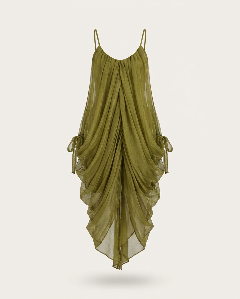 Liberated Sheer Draped Mini Dress Boho Brown