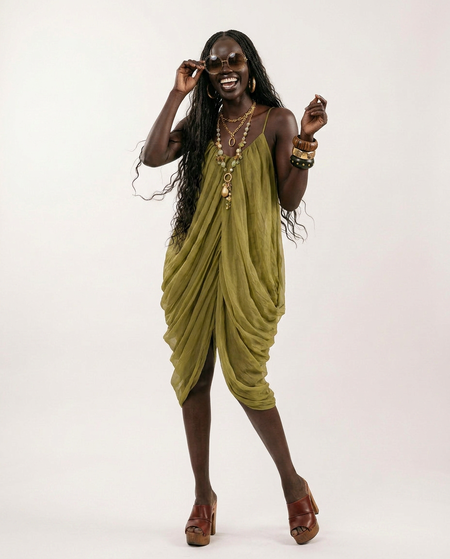Liberated Sheer Draped Mini Dress Boho Brown