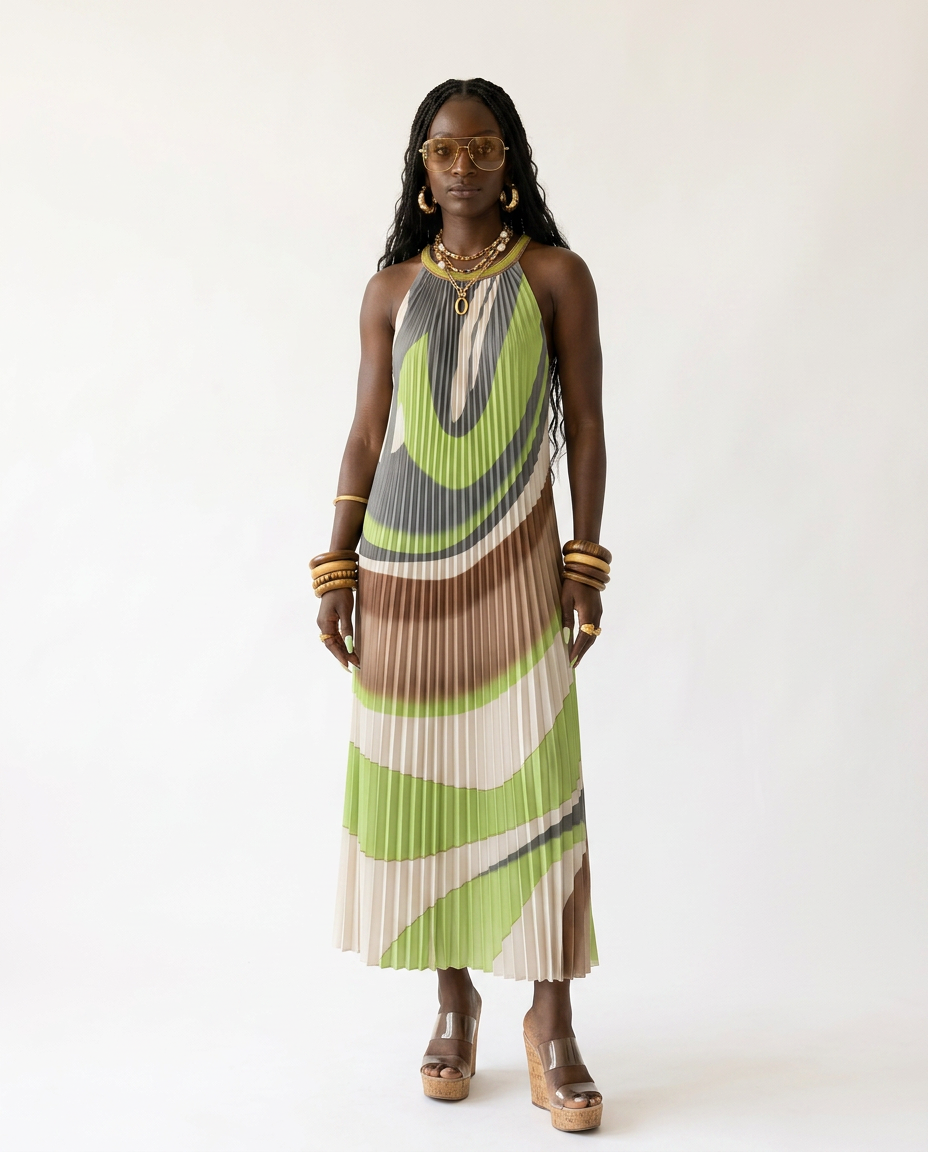 Boundless Pleated Halter Maxi Dress Boho Brown