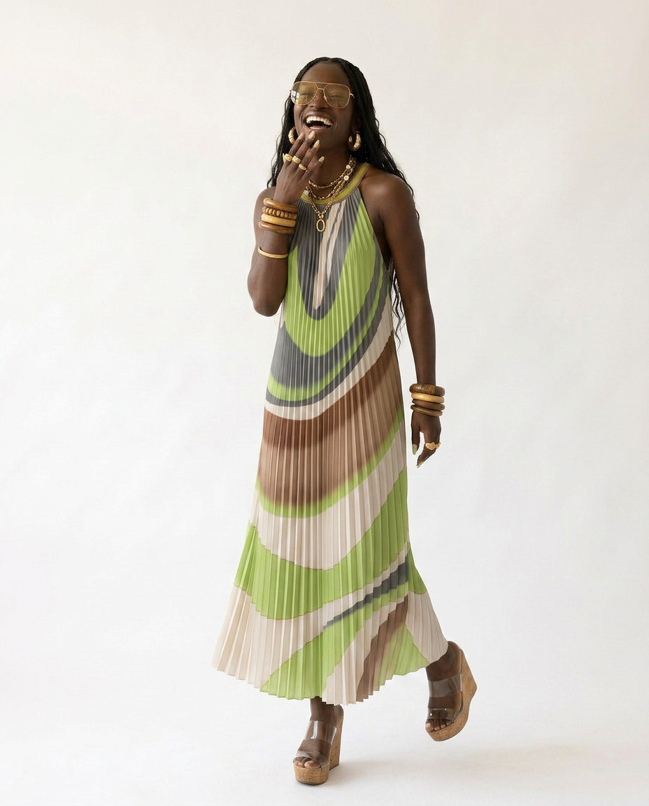 Boundless Pleated Halter Maxi Dress Boho Brown