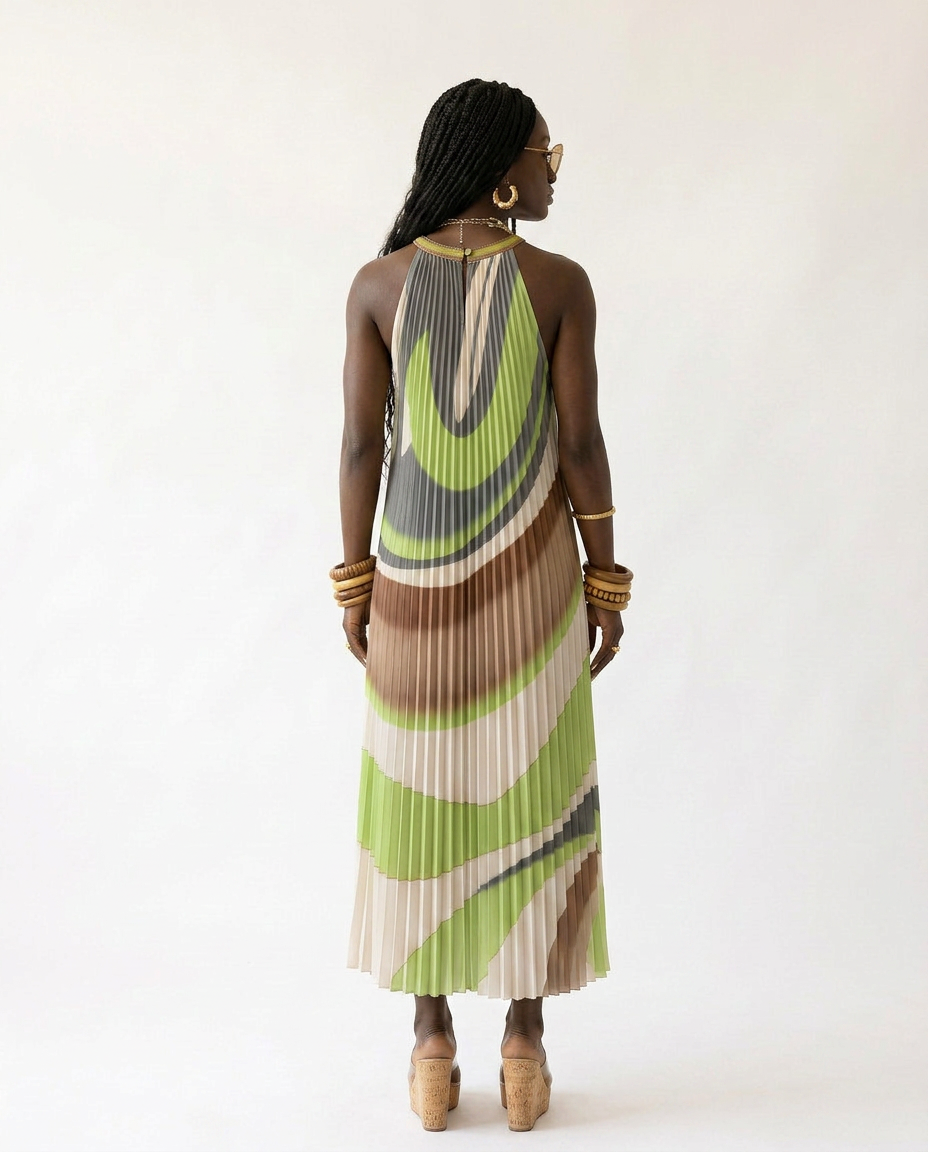 Boundless Pleated Halter Maxi Dress Boho Brown
