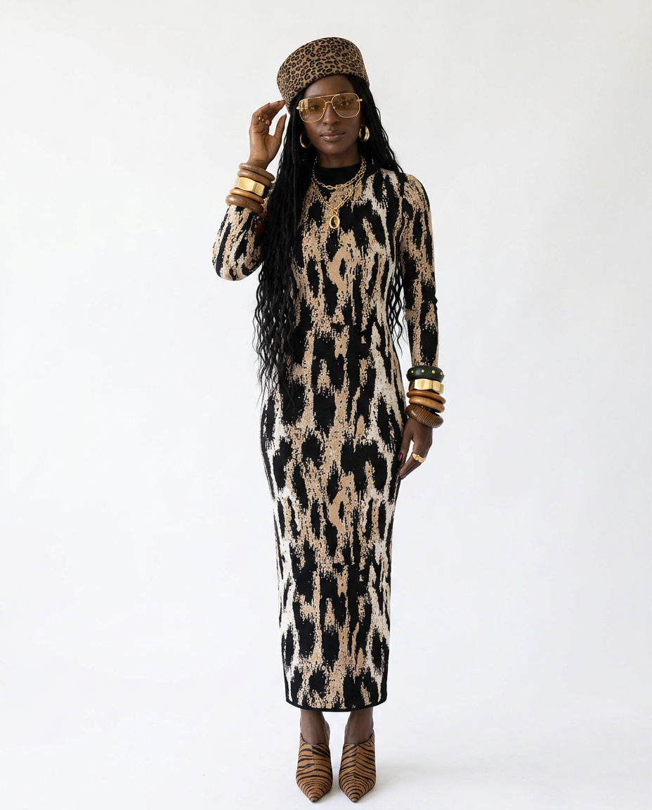 Audacious Leopard Print Sheath Dress Boho Brown