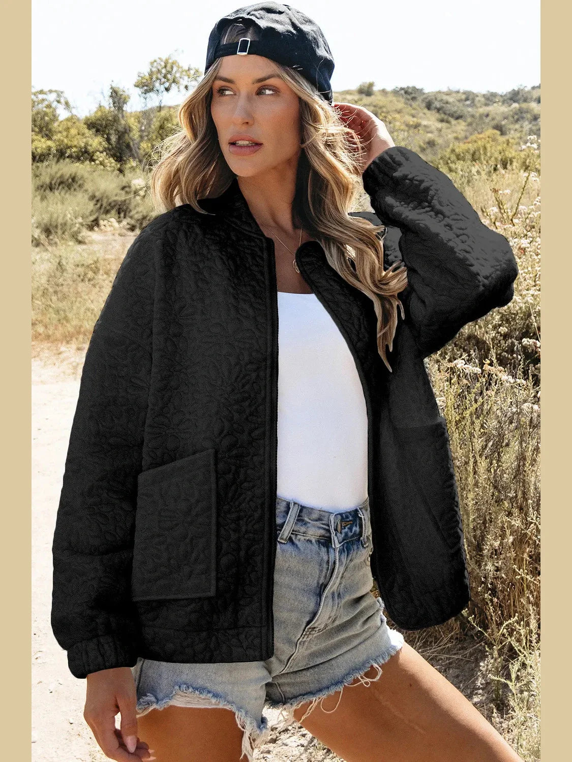 Baseball Collar Floral Quilted Jacket NicholesGifts