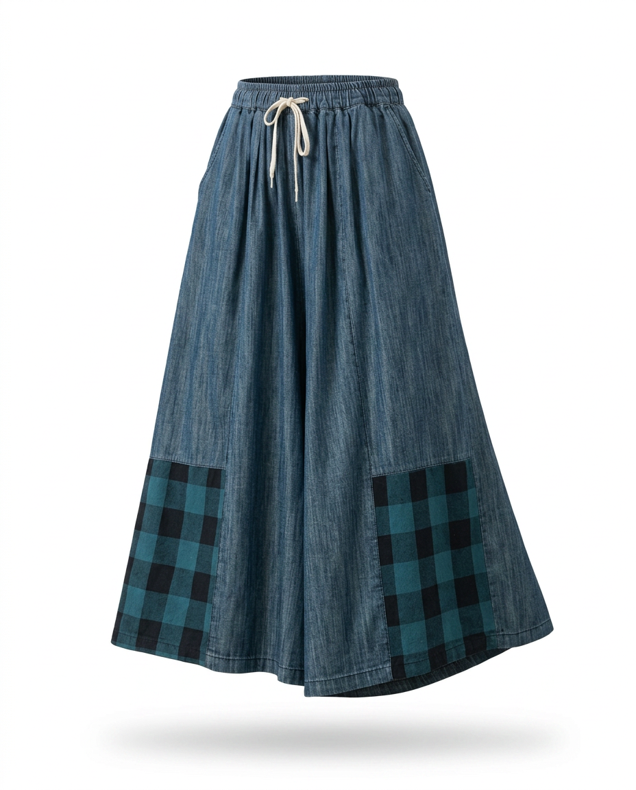 Unique Patchwork Wide Leg Trousers Boho Brown