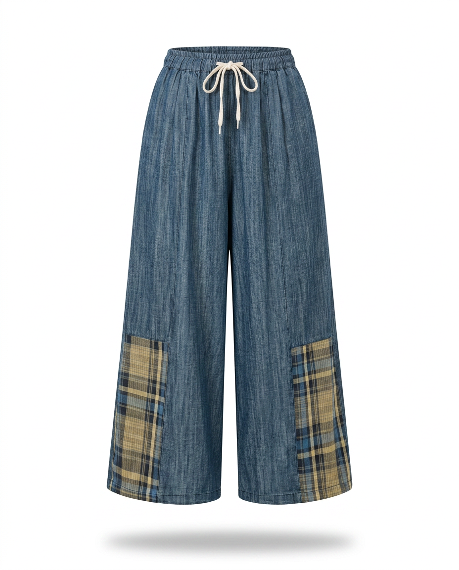 Unique Patchwork Wide Leg Trousers Boho Brown