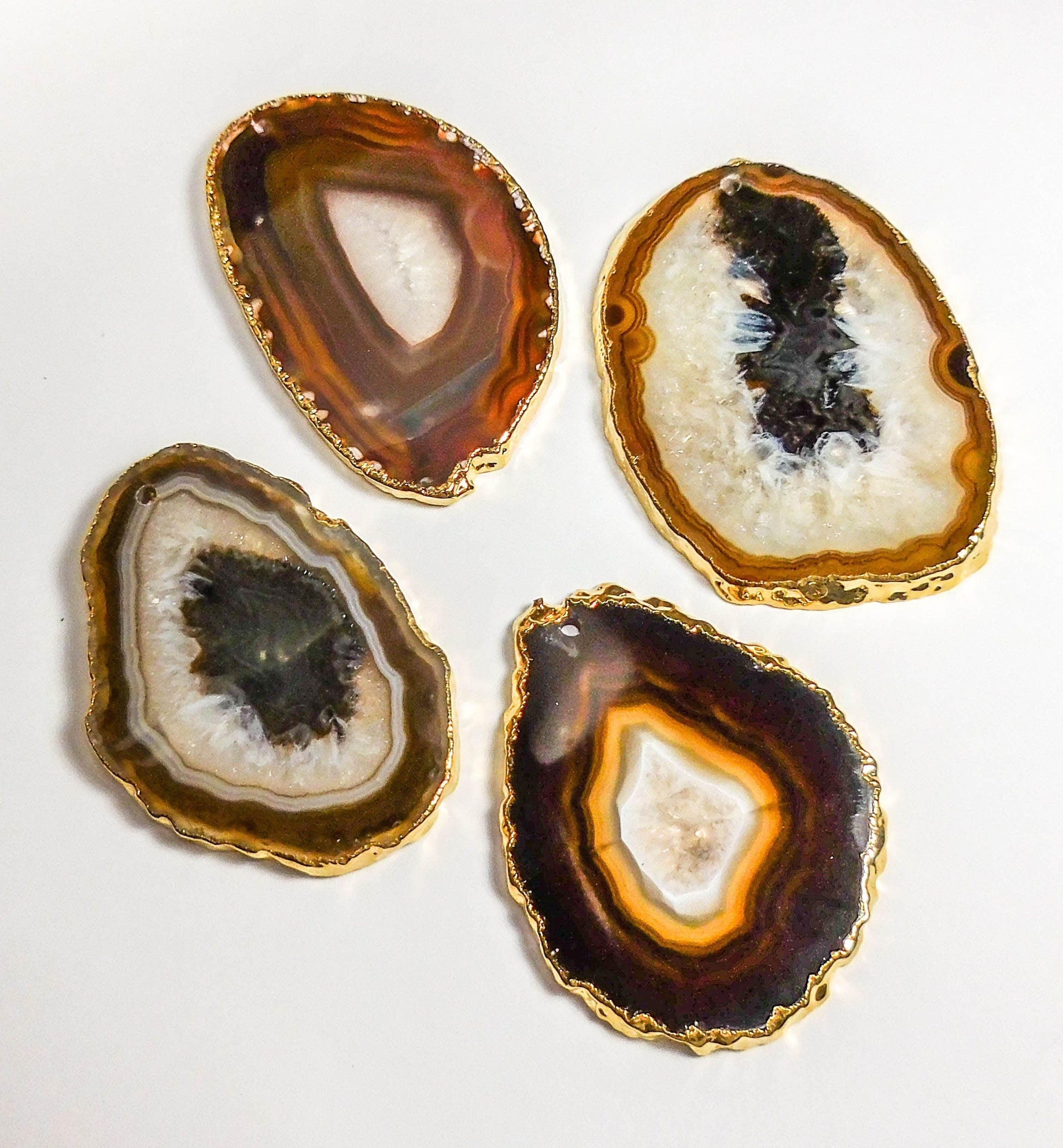Drilled Hole Natural Gray Brown Agate Slice (2mm Hole)(Gold Plated Edges) Wholesale Amazing Crystals