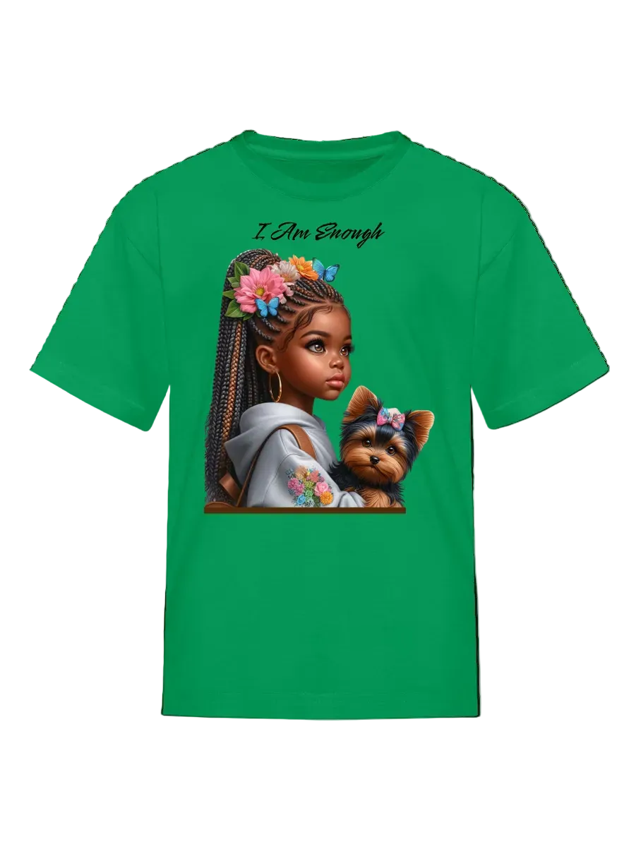 African American Girls I Am Enough with a Puppy Short Sleeve T-Shirt NicholesGifts