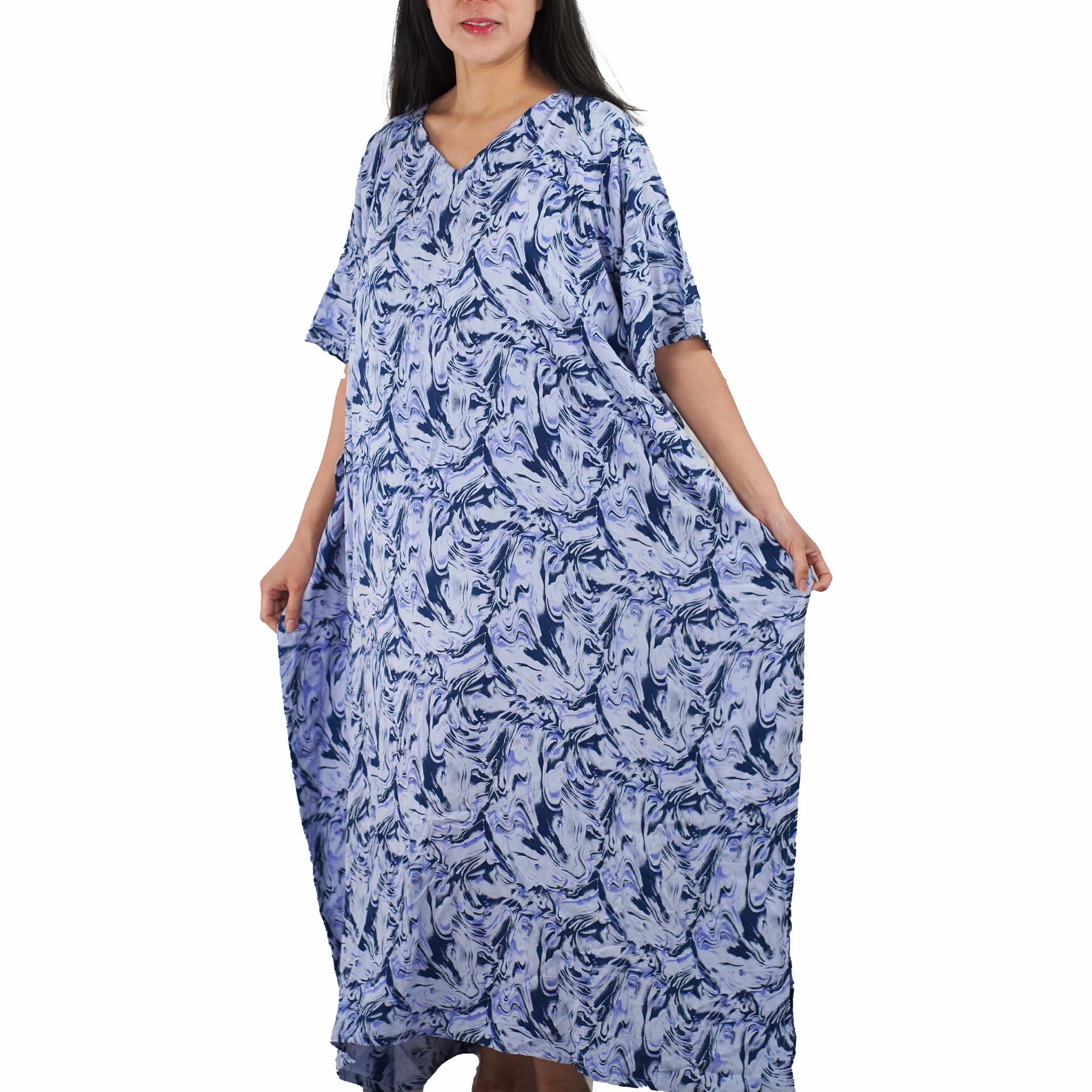 Kaftan Dress Rayon Blue Marble Lightweight Kasih Co-op