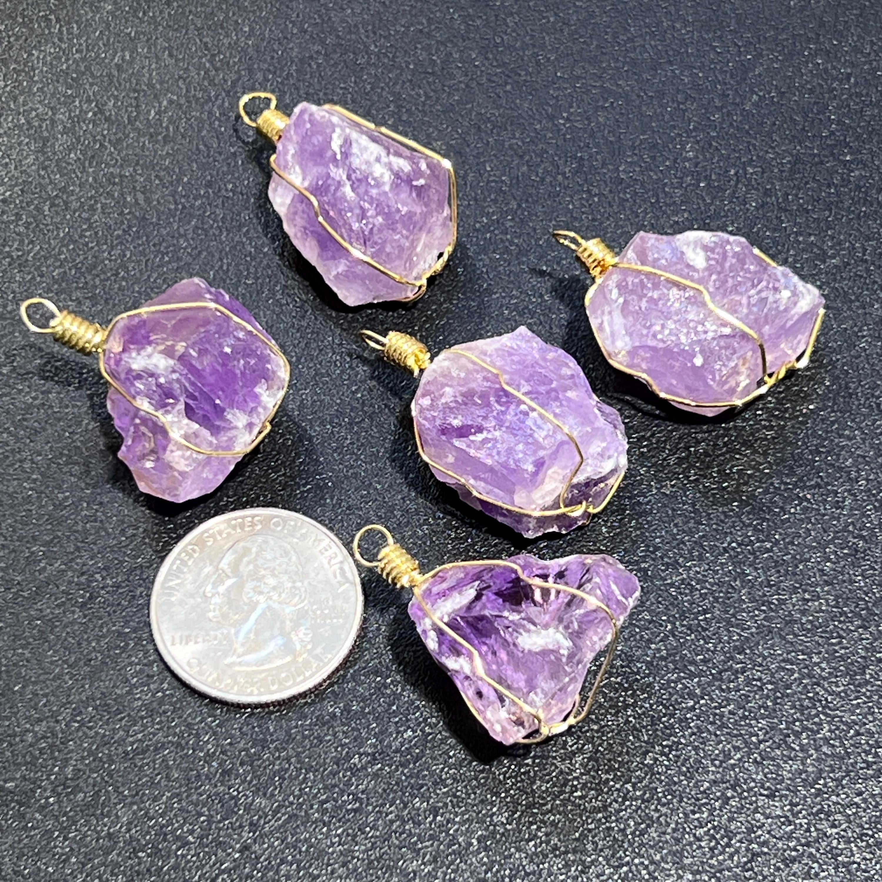 Amethyst Crystal Raw Pendant (Gold Plated Wire Wrapped) Rough Jewelry Necklace Supply Amazing Crystals