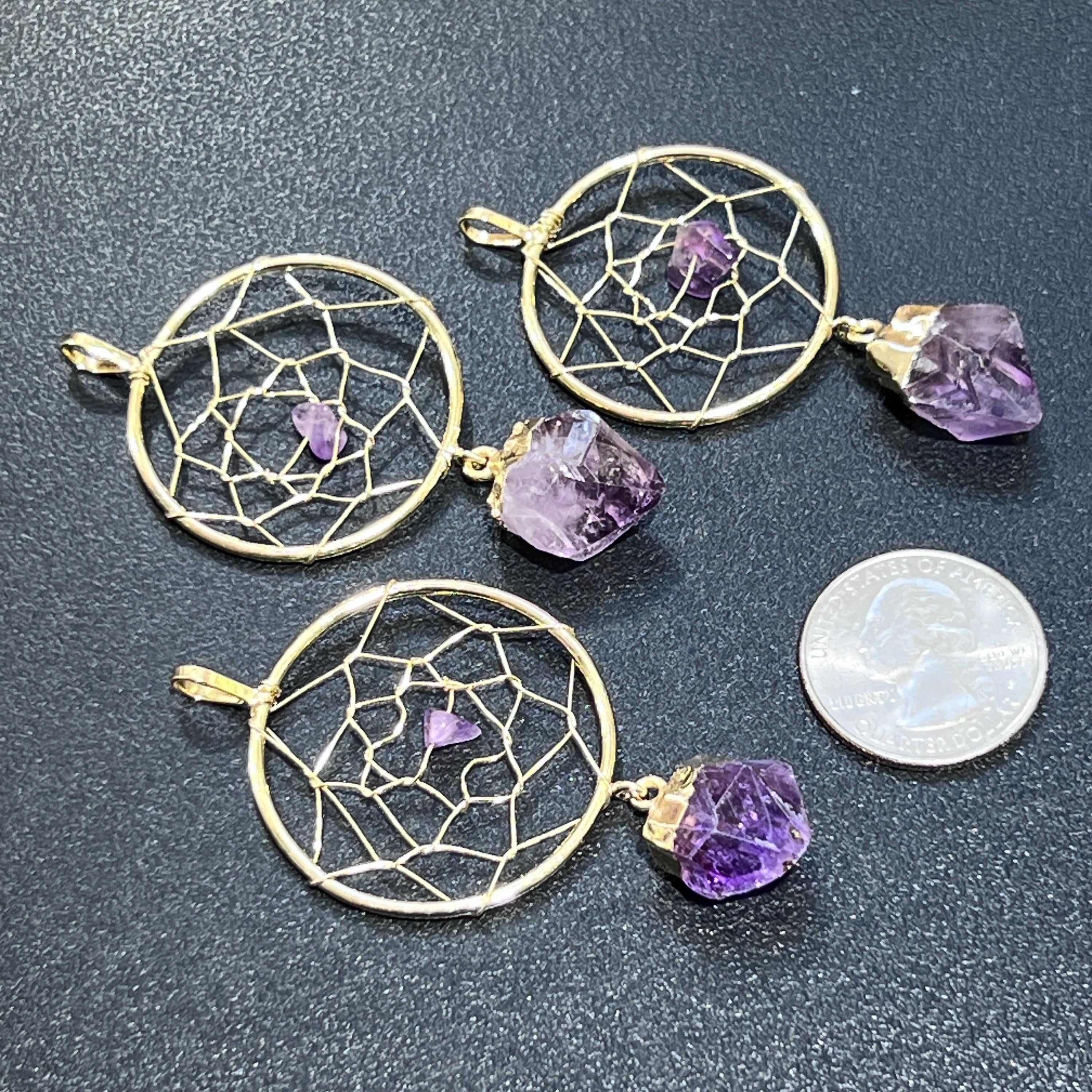 Dreamcatcher Pendant (Amethyst Crystal)(Gold Plated) Gemstone Jewelry Necklace Supply Amazing Crystals