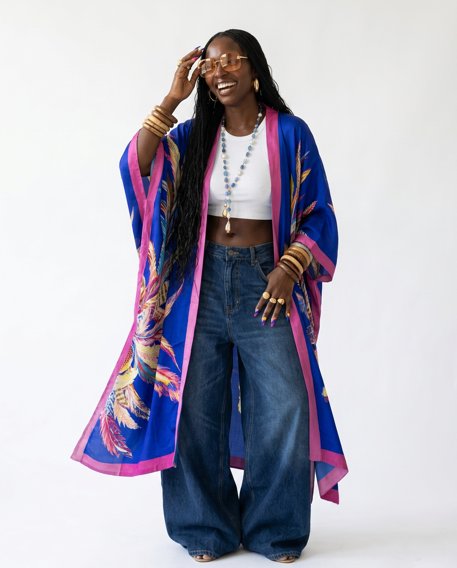 Vibrant Feather Print Kimono Boho Brown