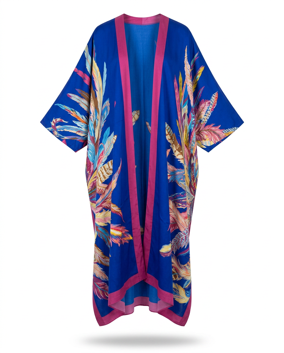 Vibrant Feather Print Kimono Boho Brown