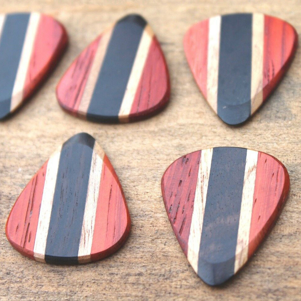 Padauk, Teak, & Ebony Wood Guitar Or Bass Pick - 3.0 mm Ultra Heavy Gauge - 351 Wedge Shape - Natural Finish Handmade Specialty Exotic Plectrum Exotic Plectrums