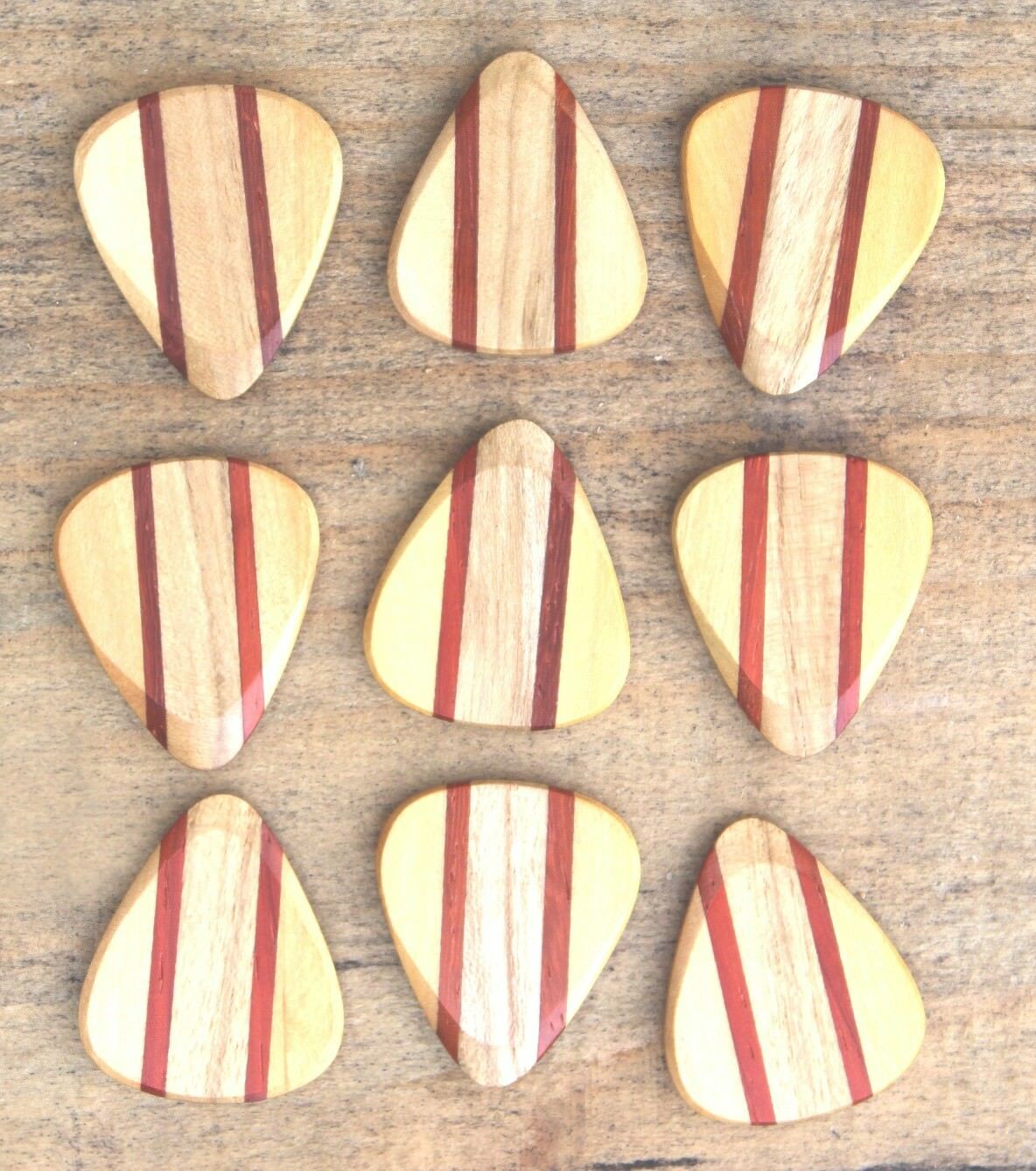 Maple, Padauk, & Teak Wood Guitar Or Bass Pick - 3.0 mm Ultra Heavy Gauge - 351 Wedge Shape - Natural Finish Handmade Specialty Exotic Plectrum Exotic Plectrums