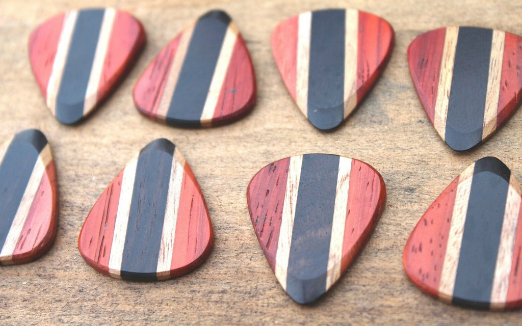 Padauk, Teak, & Ebony Wood Guitar Or Bass Pick - 3.0 mm Ultra Heavy Gauge - 351 Wedge Shape - Natural Finish Handmade Specialty Exotic Plectrum Exotic Plectrums