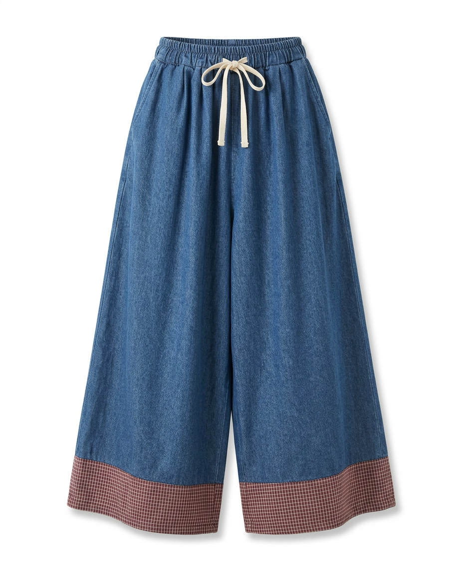 Unique Patchwork Wide Leg Trousers Boho Brown