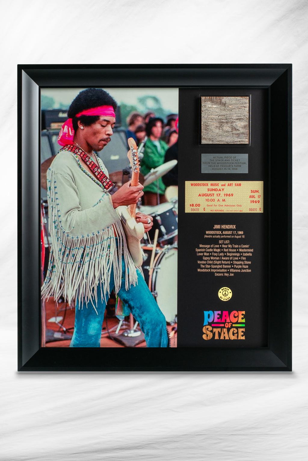 Limited Edition Jimi Hendrix Frame with Piece of 1969 Woodstock Stage and Original Ticket Peace Of Stage LLC
