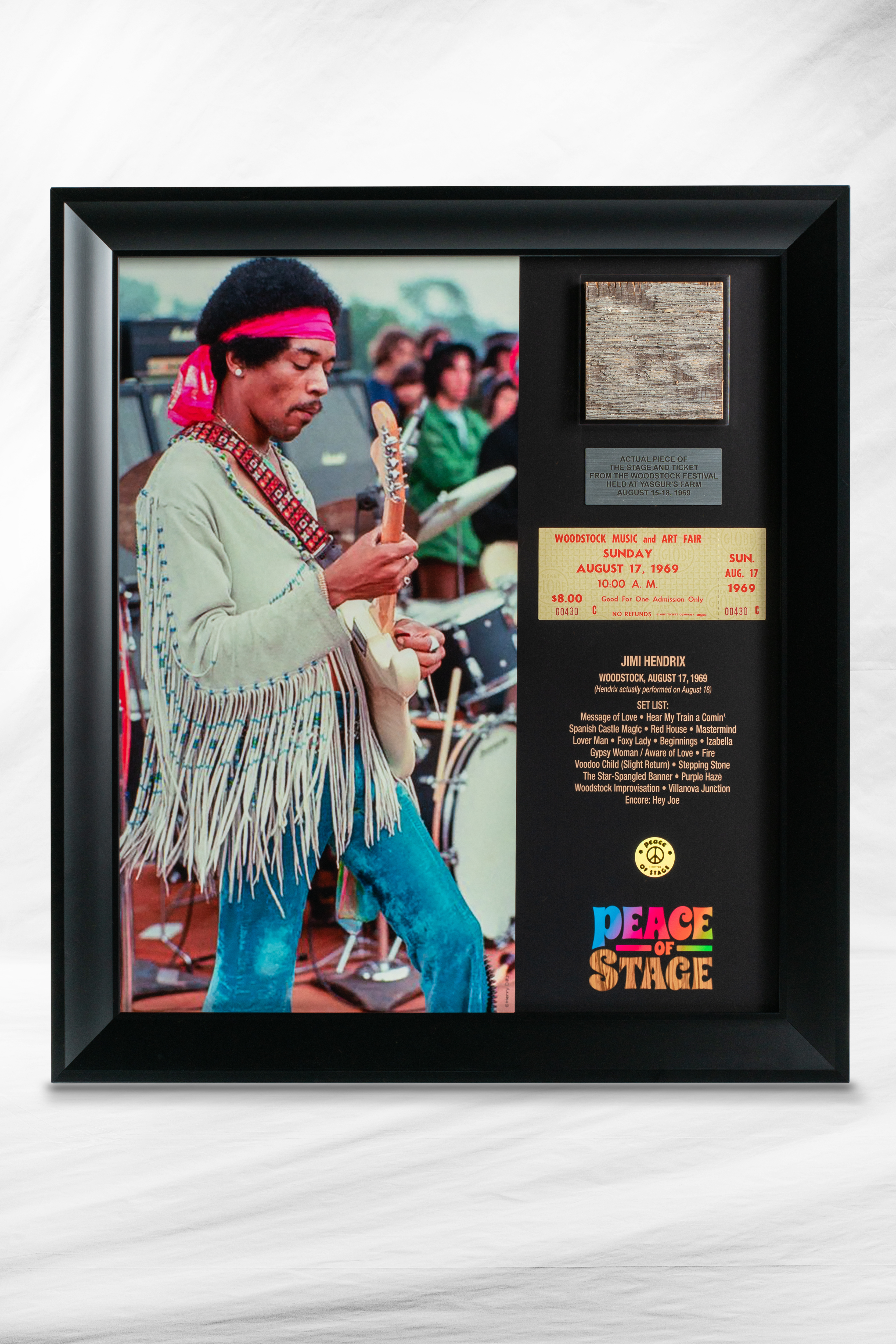 Limited Edition Jimi Hendrix Frame with Piece of 1969 Woodstock Stage and Original Ticket Peace Of Stage LLC