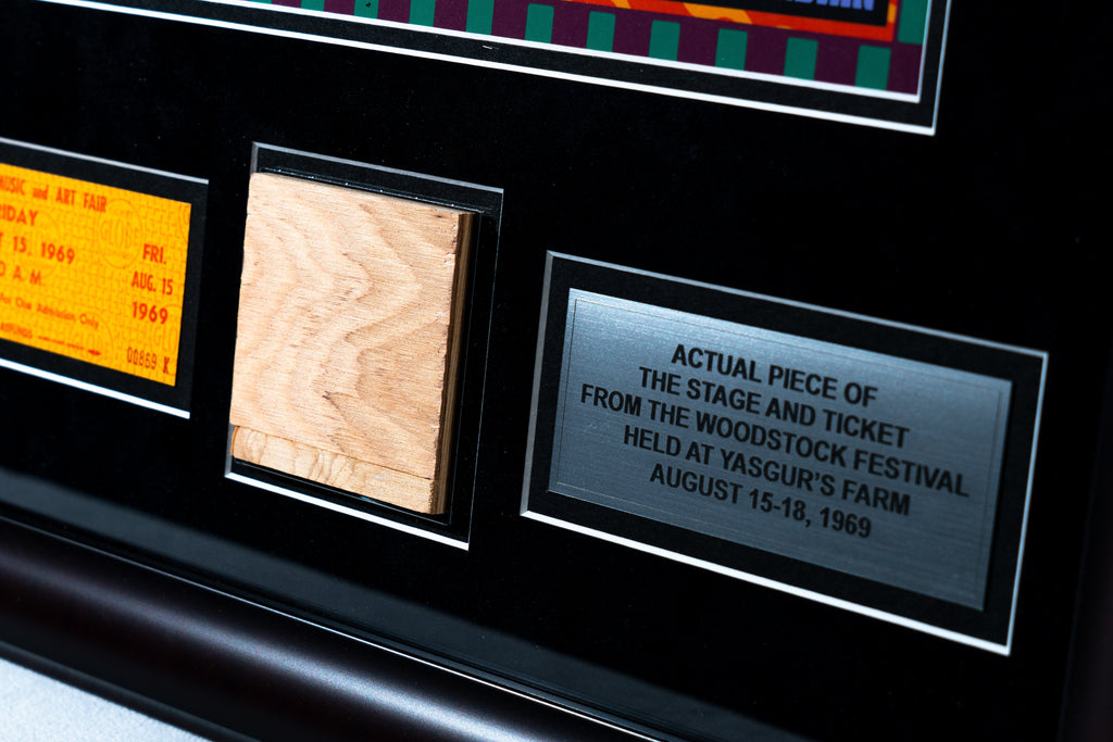 Limited Edition SIGNED David Byrd Poster Frame with Piece of 1969 Woodstock Stage and Original Ticket Peace Of Stage LLC