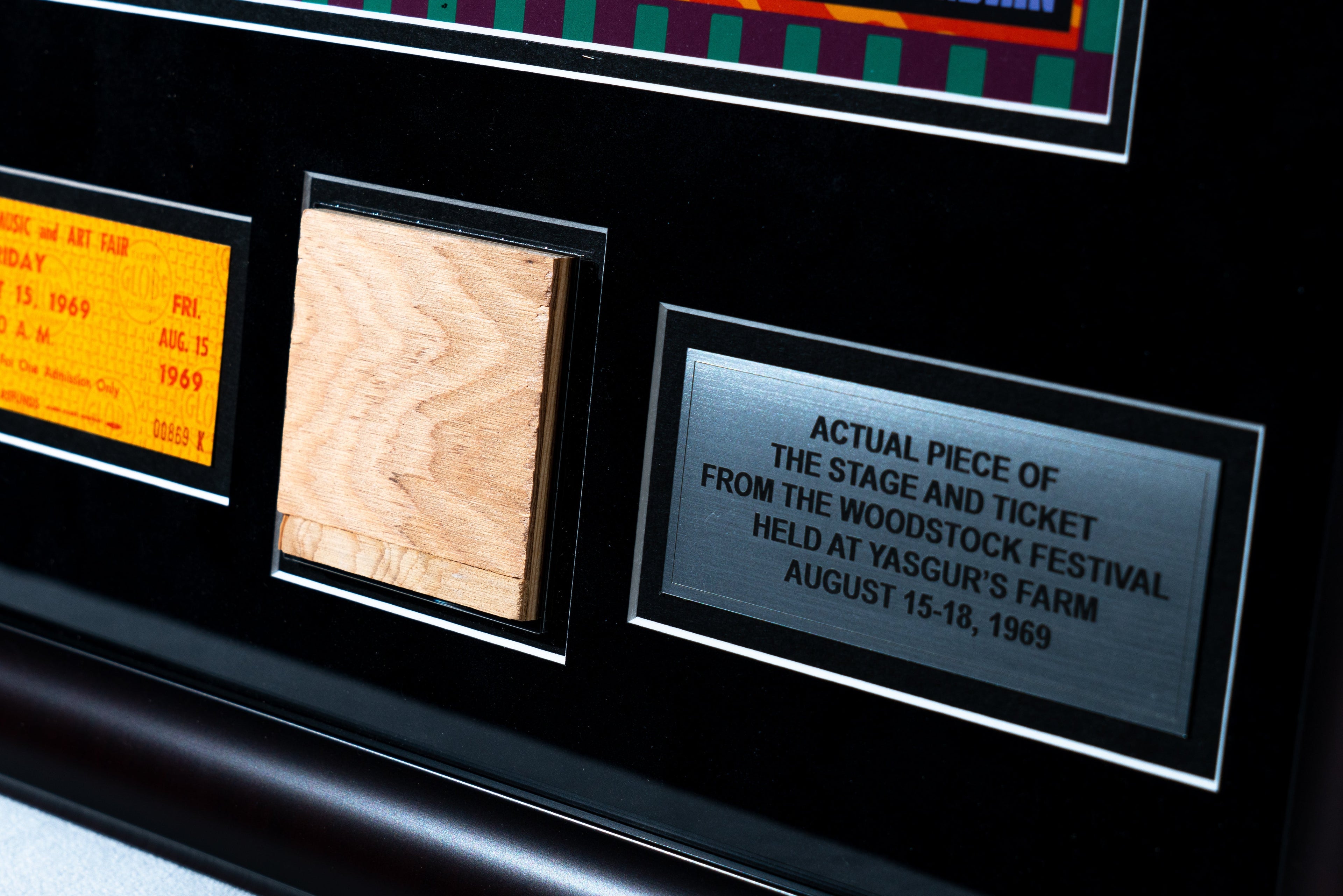 Limited Edition SIGNED David Byrd Poster Frame with Piece of 1969 Woodstock Stage and Original Ticket Peace Of Stage LLC