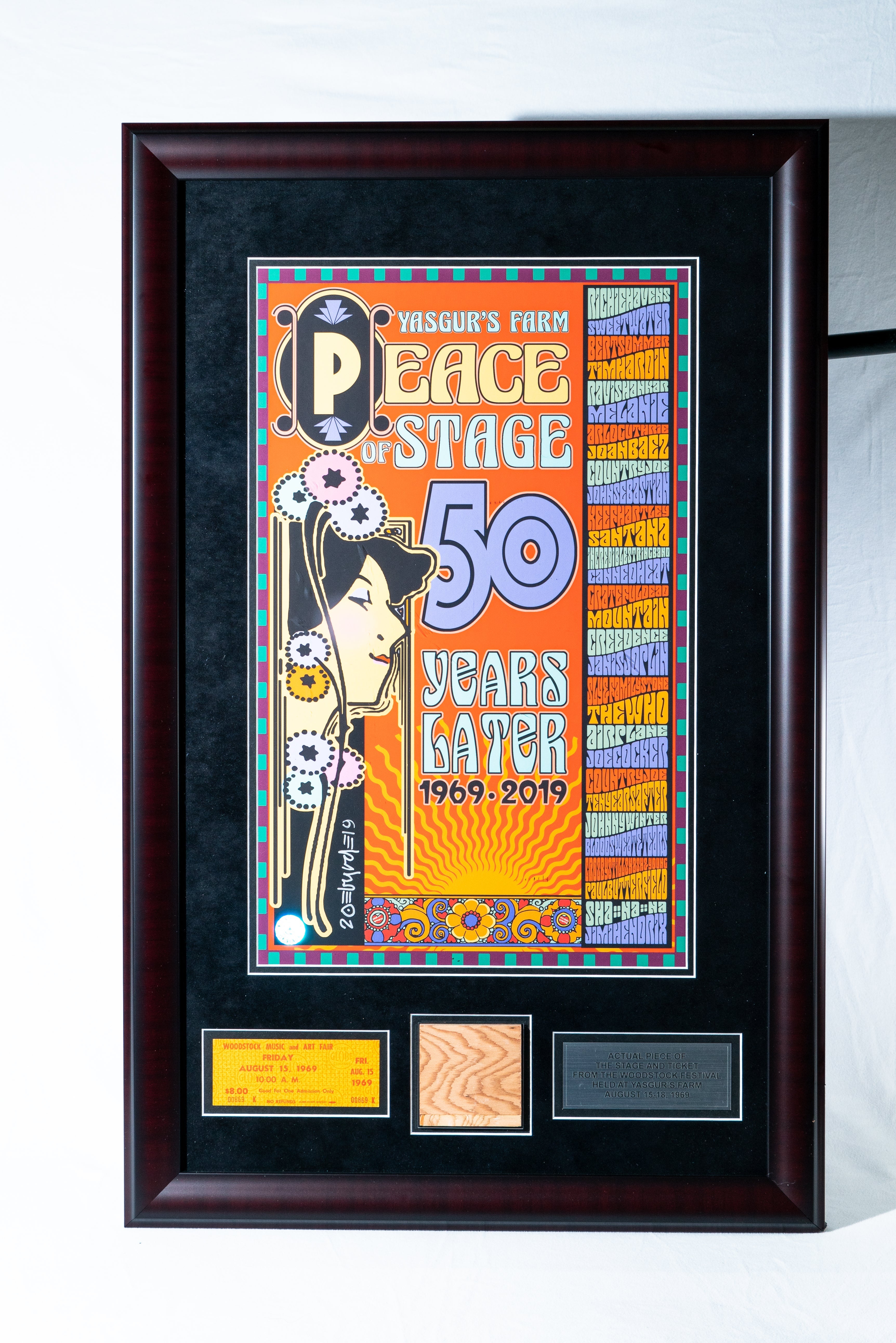 Limited Edition SIGNED David Byrd Poster Frame with Piece of 1969 Woodstock Stage and Original Ticket Peace Of Stage LLC