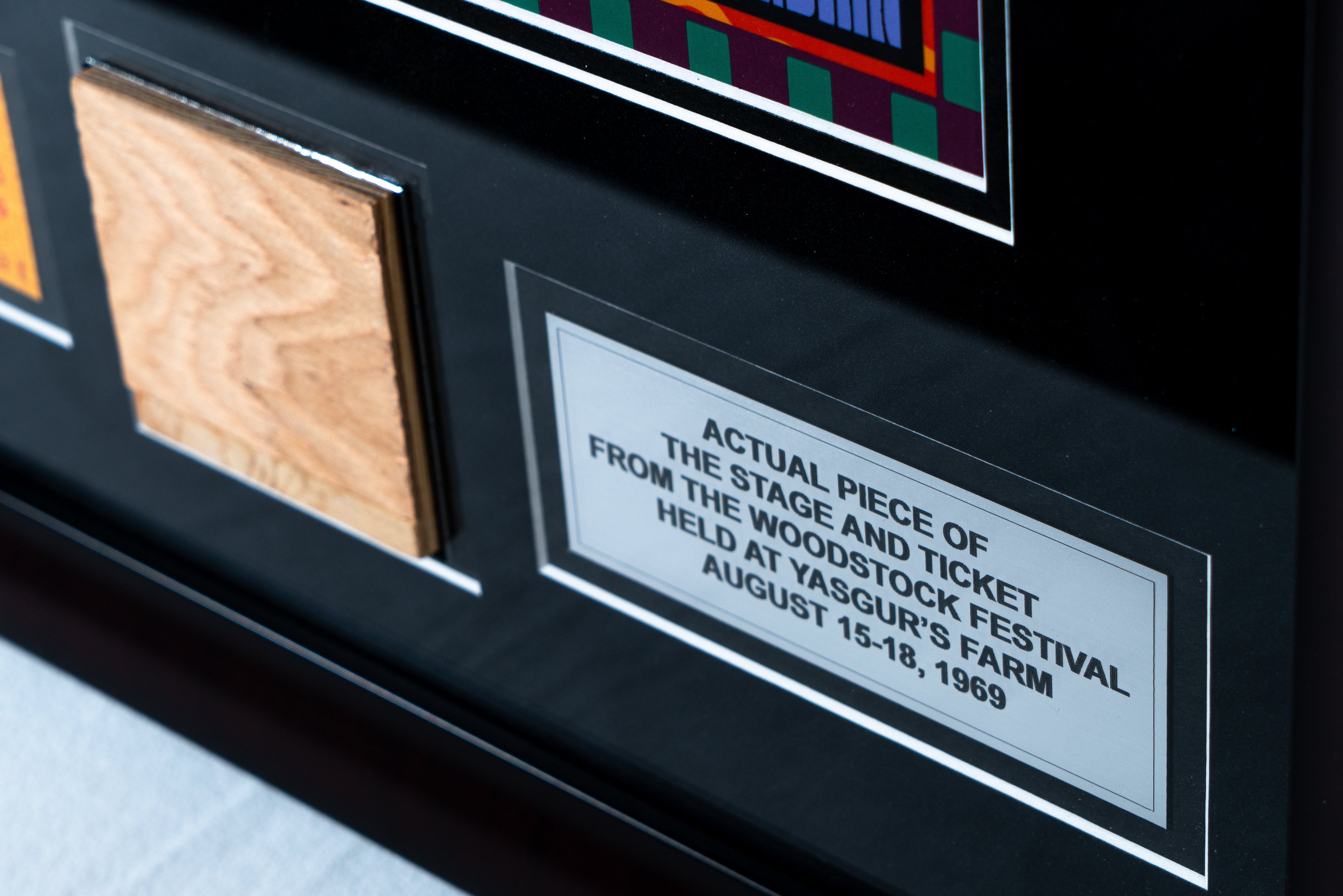 Limited Edition SIGNED David Byrd Poster Frame with Piece of 1969 Woodstock Stage and Original Ticket Peace Of Stage LLC