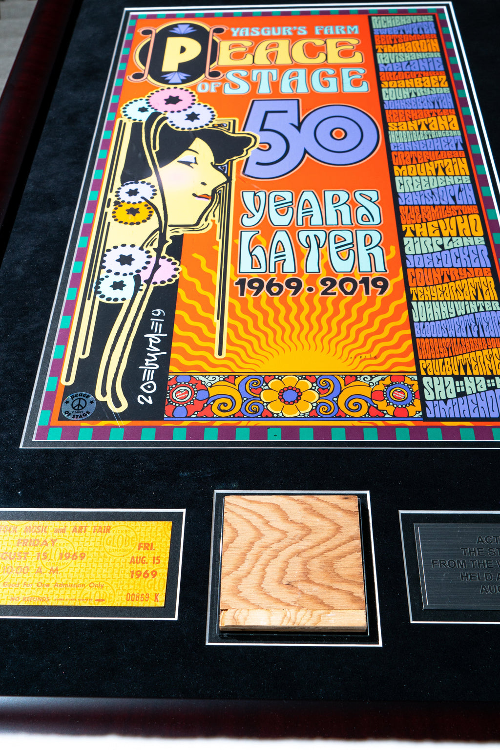 Limited Edition SIGNED David Byrd Poster Frame with Piece of 1969 Woodstock Stage and Original Ticket Peace Of Stage LLC