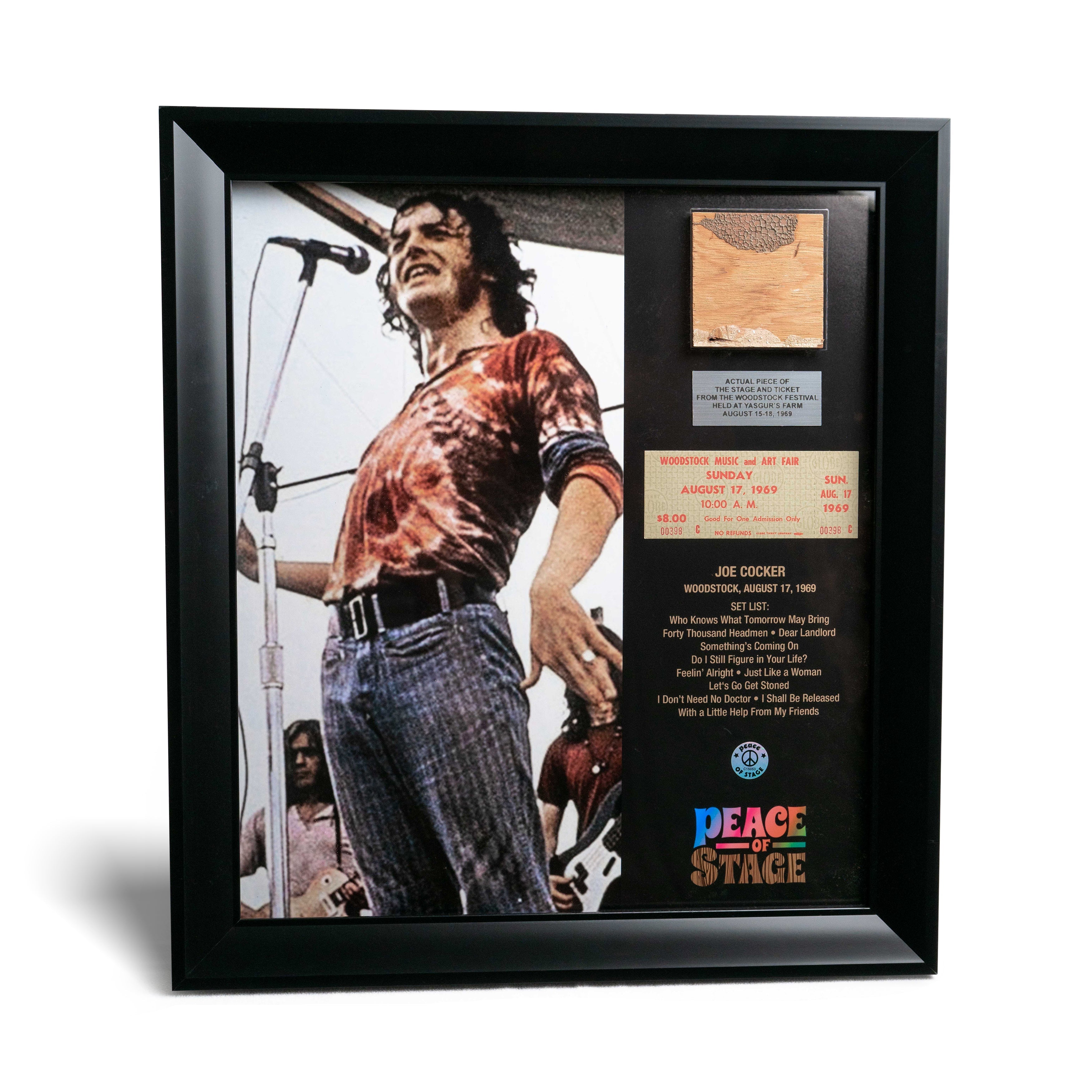 Joe Cocker Frame with Piece of 1969 Woodstock Stage and Original Ticket Peace Of Stage LLC