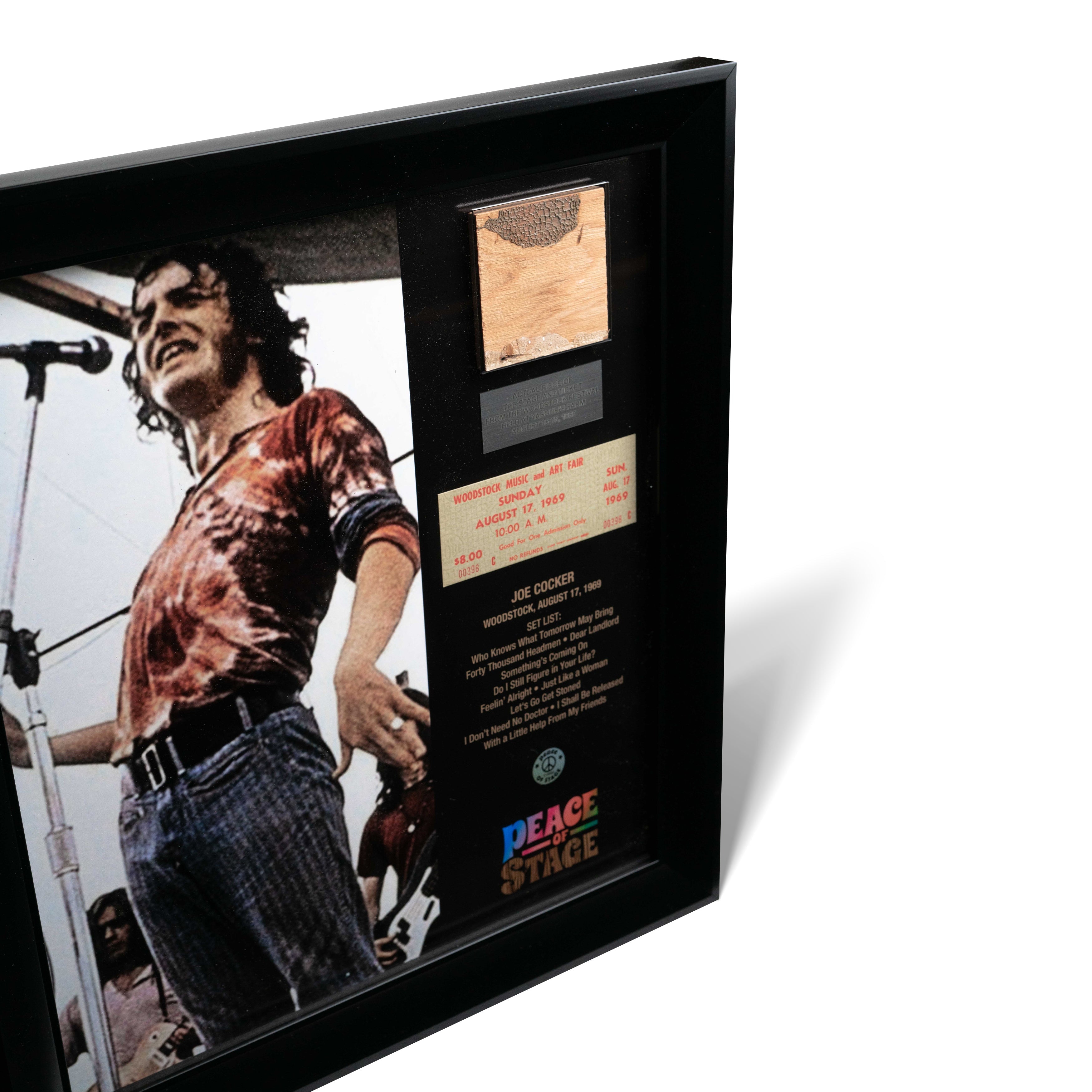 Joe Cocker Frame with Piece of 1969 Woodstock Stage and Original Ticket Peace Of Stage LLC
