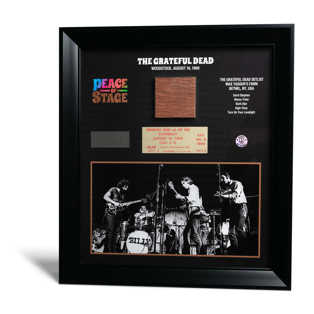 The Grateful Dead Frame with Piece of 1969 Woodstock Stage and Original Ticket Peace Of Stage LLC