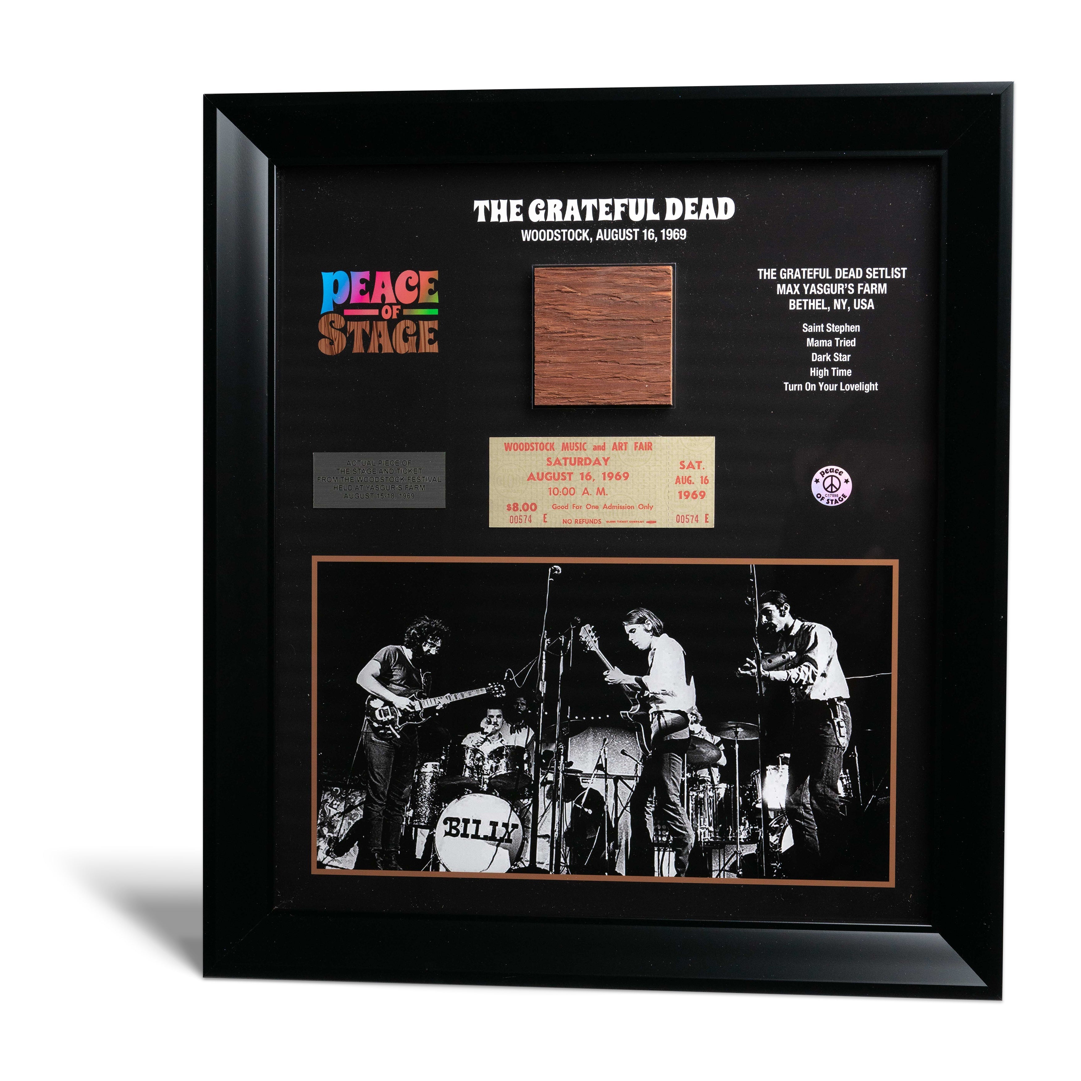 The Grateful Dead Frame with Piece of 1969 Woodstock Stage and Original Ticket Peace Of Stage LLC