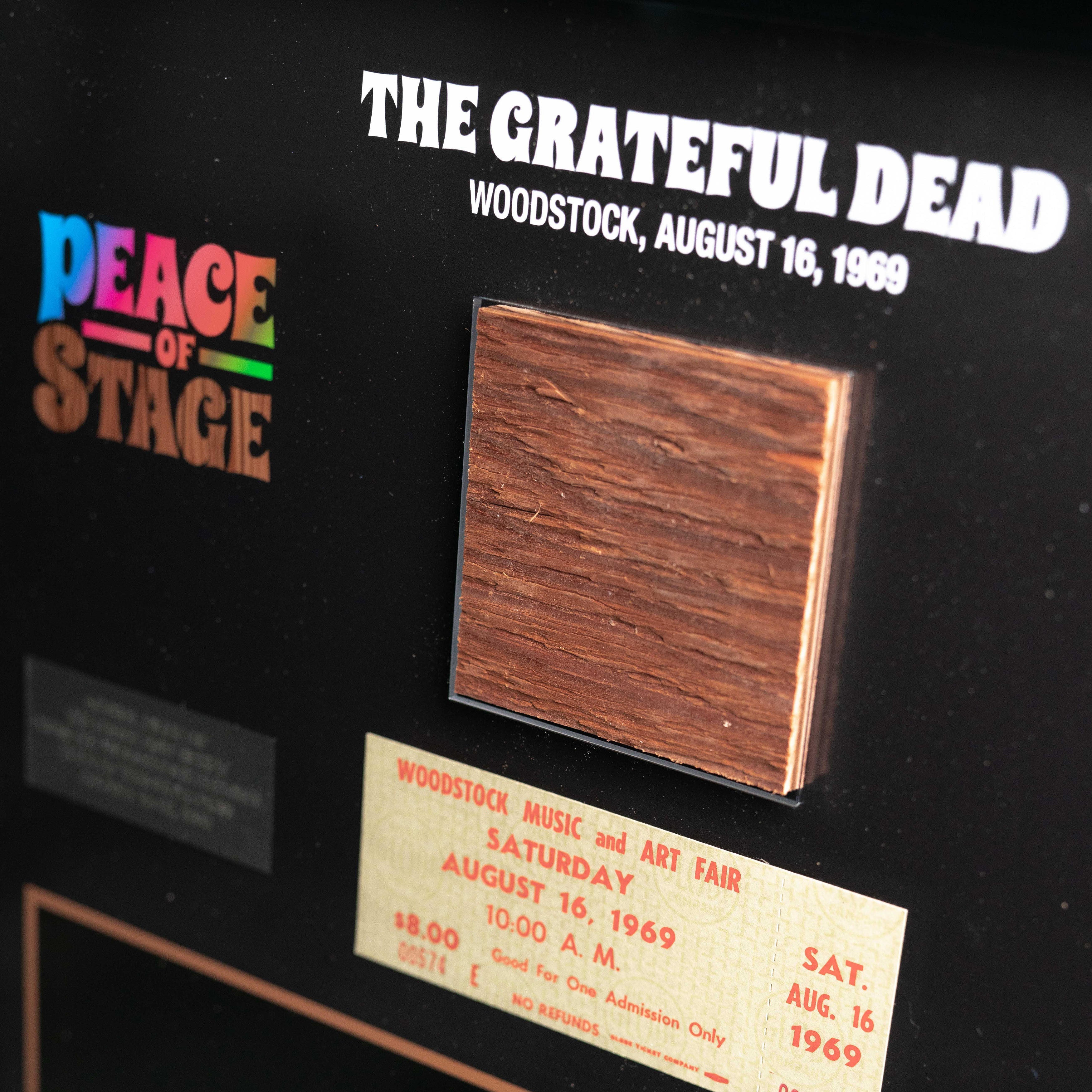 The Grateful Dead Frame with Piece of 1969 Woodstock Stage and Original Ticket Peace Of Stage LLC