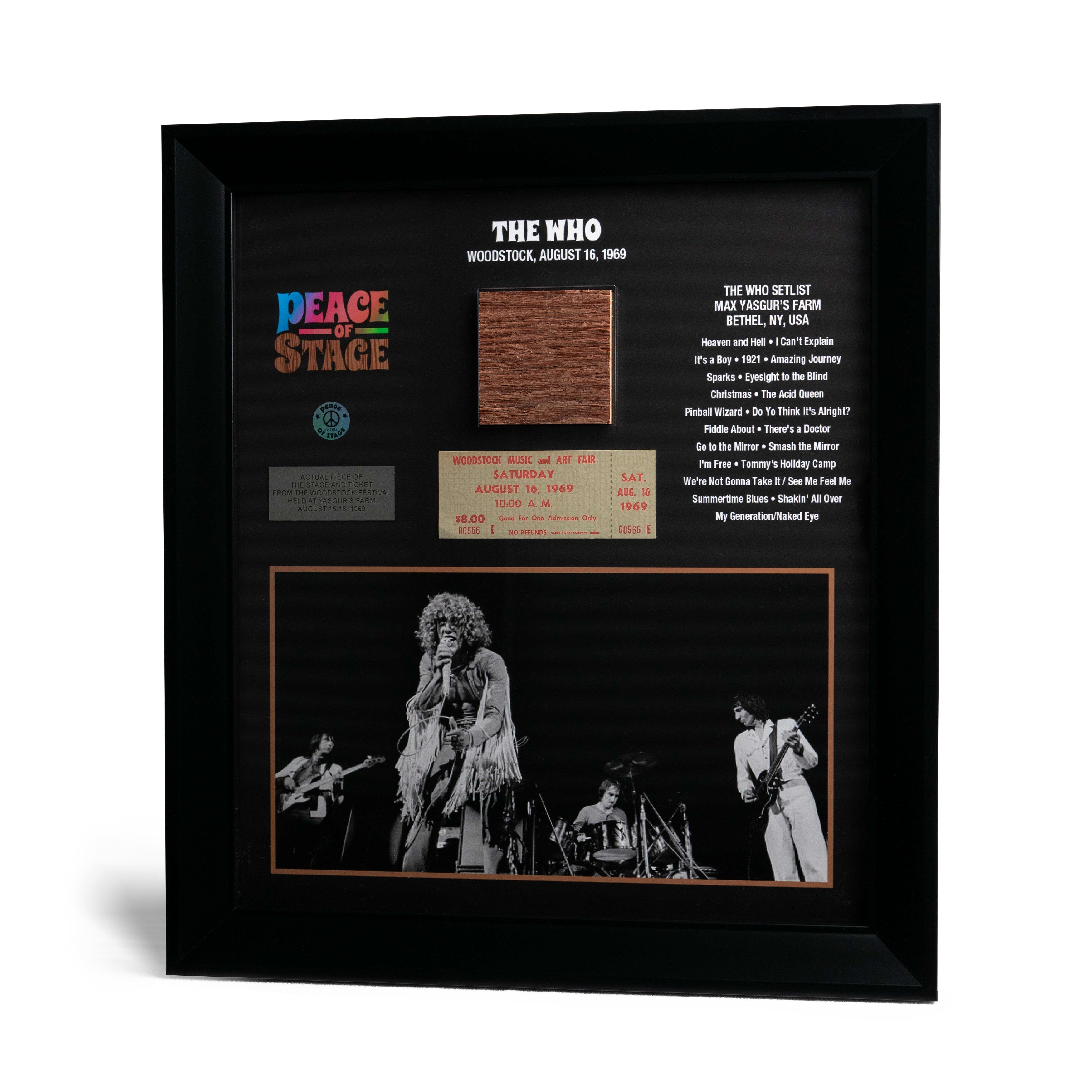 The Who Frame with Piece of 1969 Woodstock Stage and Original Ticket Peace Of Stage LLC