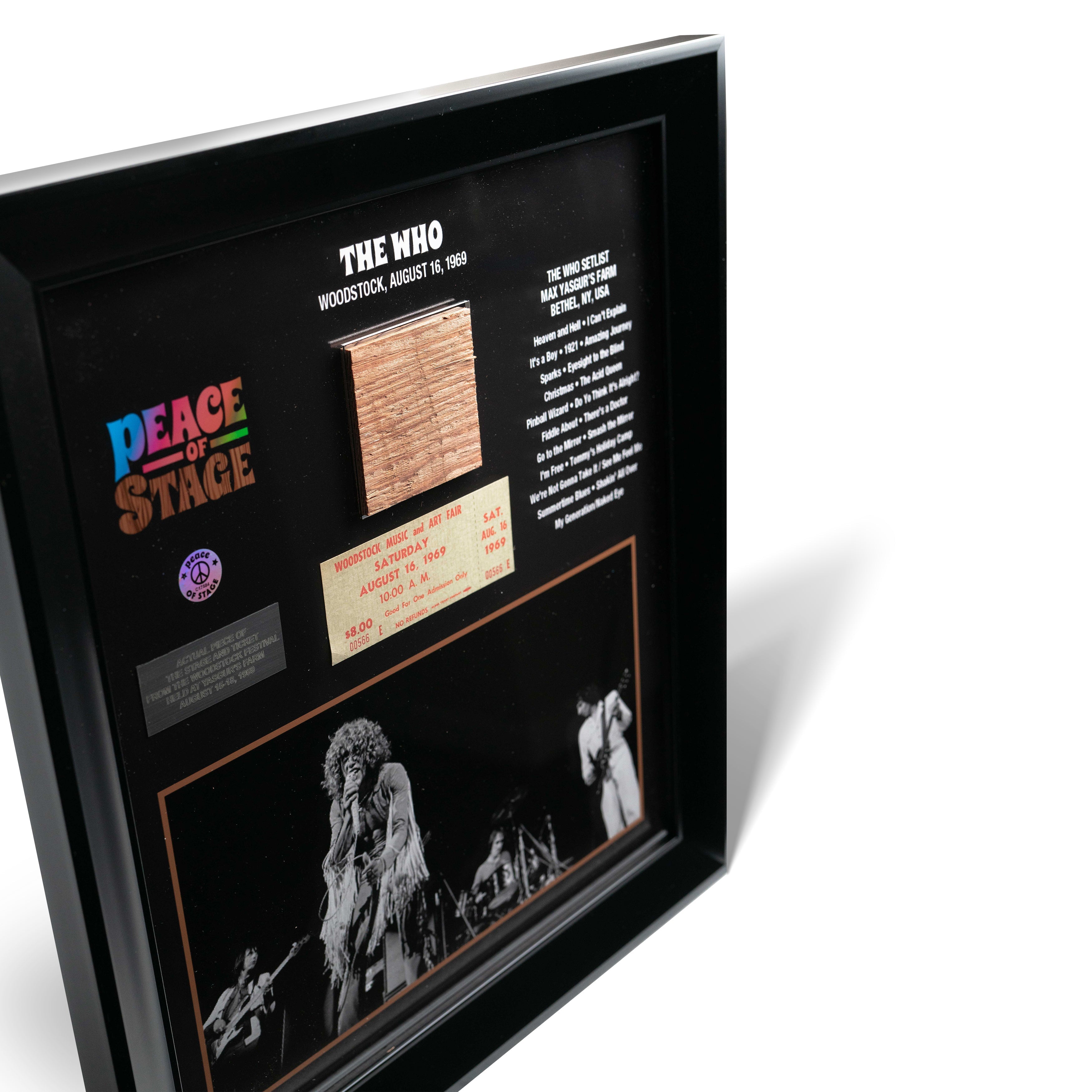 The Who Frame with Piece of 1969 Woodstock Stage and Original Ticket Peace Of Stage LLC