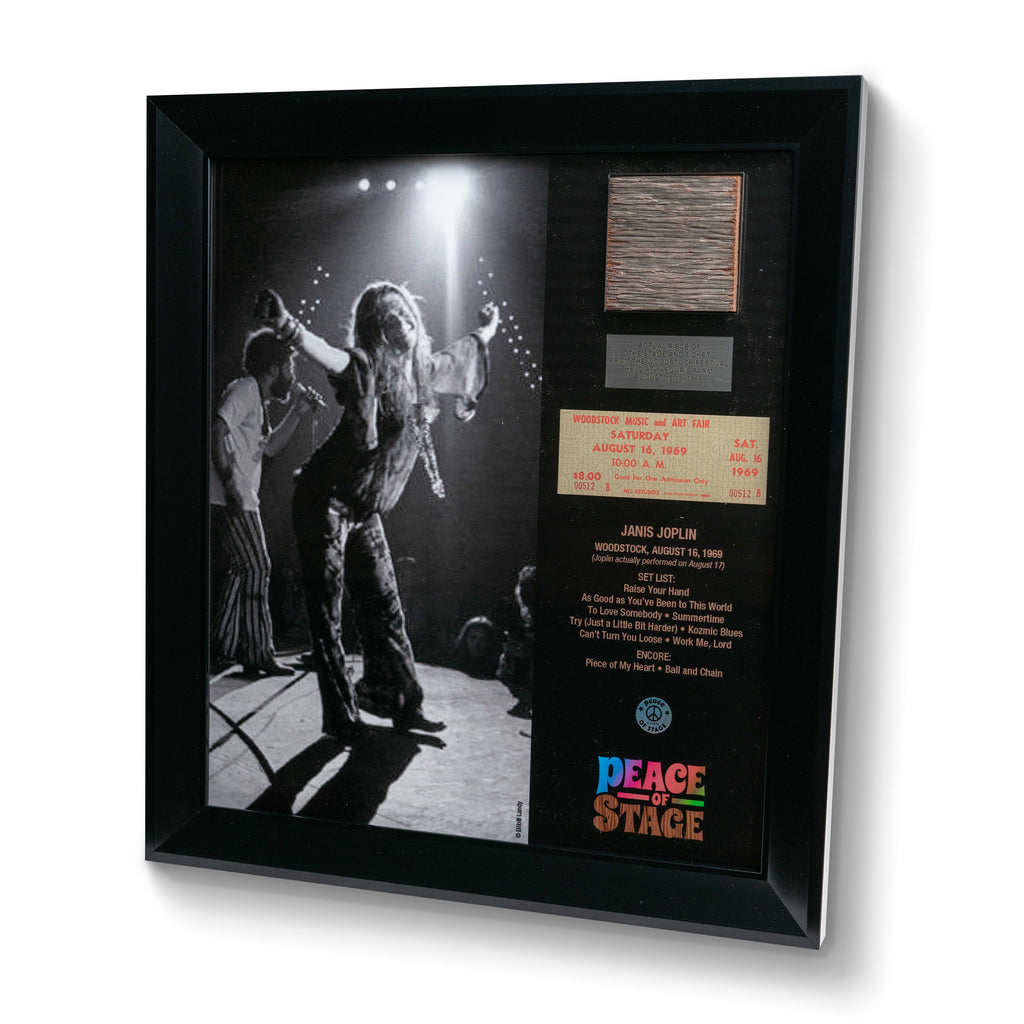 Janis Joplin Frame with Piece of 1969 Woodstock Stage and Original Ticket Peace Of Stage LLC