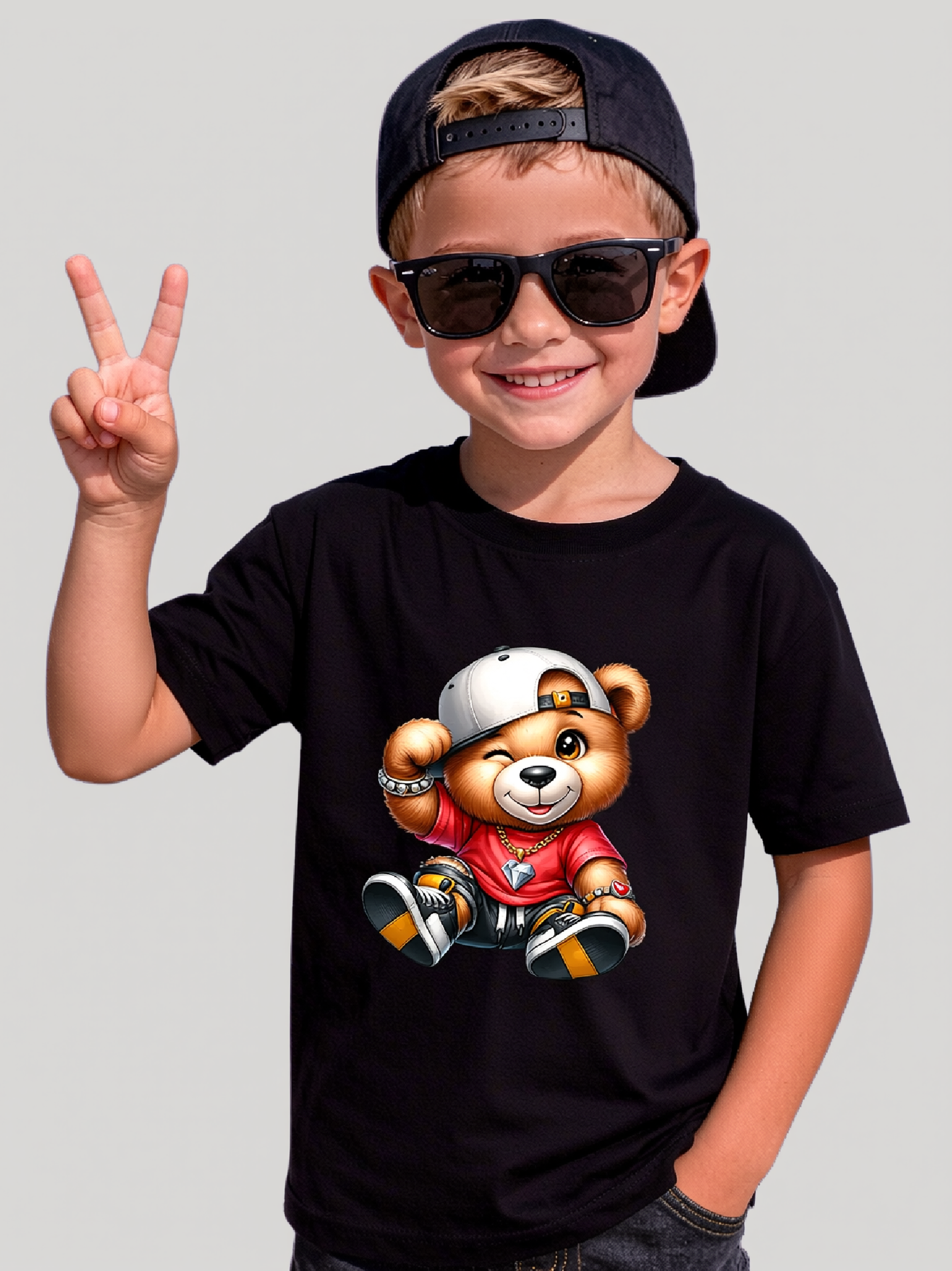 Boys Teddy Bear White Hat Short Sleeve T-Shirt NicholesGifts