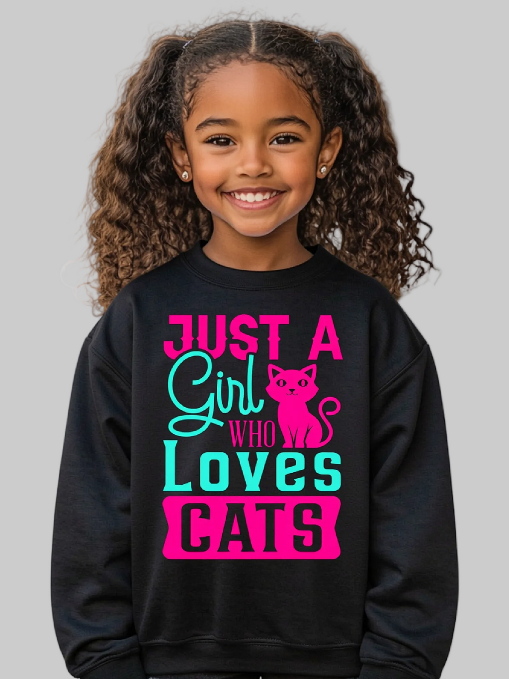 Girls Just A Girl Who Loves Cats Long Sleeve Crewneck Black Sweatshirt NicholesGifts