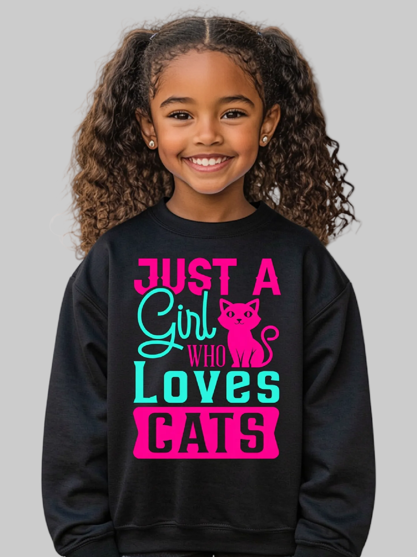 Girls Just A Girl Who Loves Cats Long Sleeve Crewneck Black Sweatshirt NicholesGifts