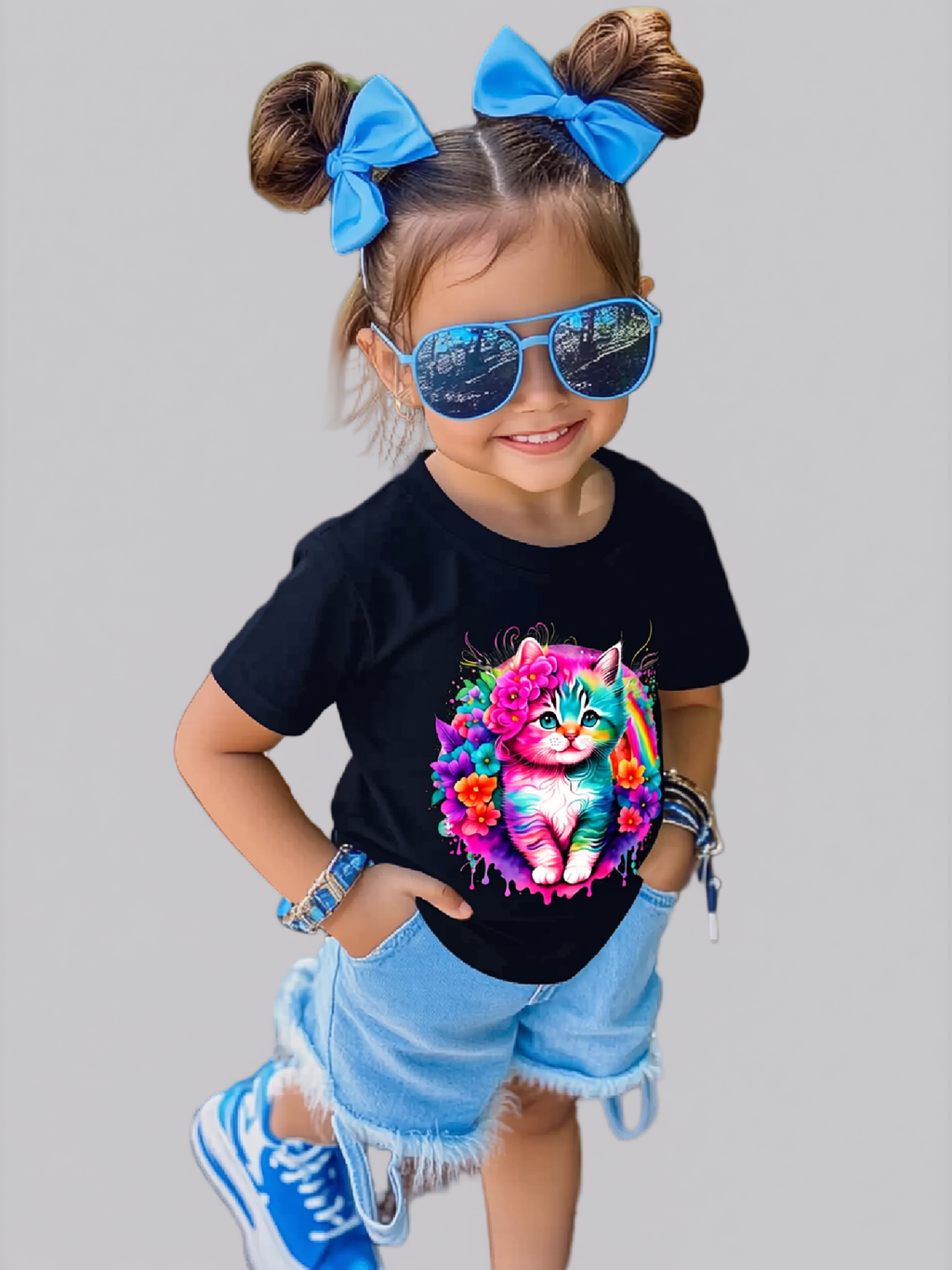 Toddler Girls Colorful Kitten Short Sleeve Tee Shirt NicholesGifts