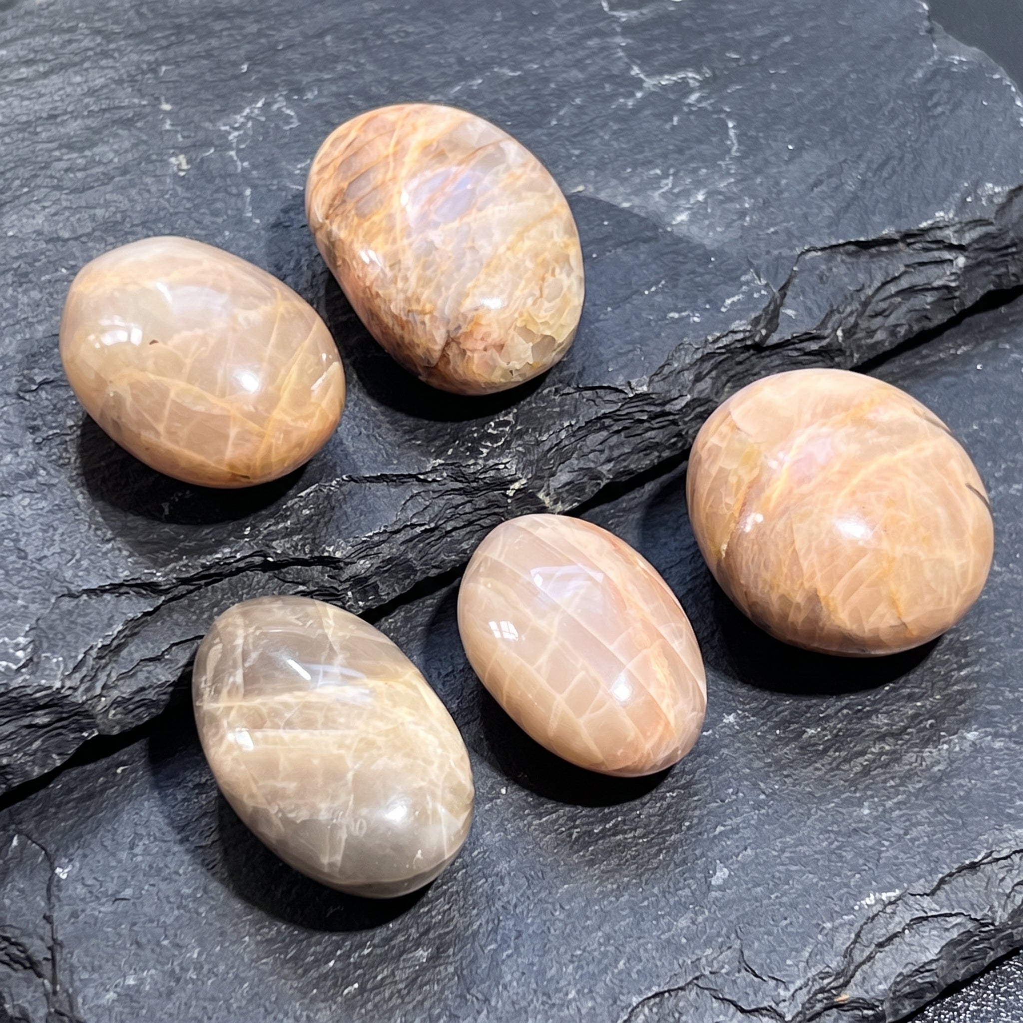 Peach Moonstone Flashy Palm Stone Carving Amazing Crystals