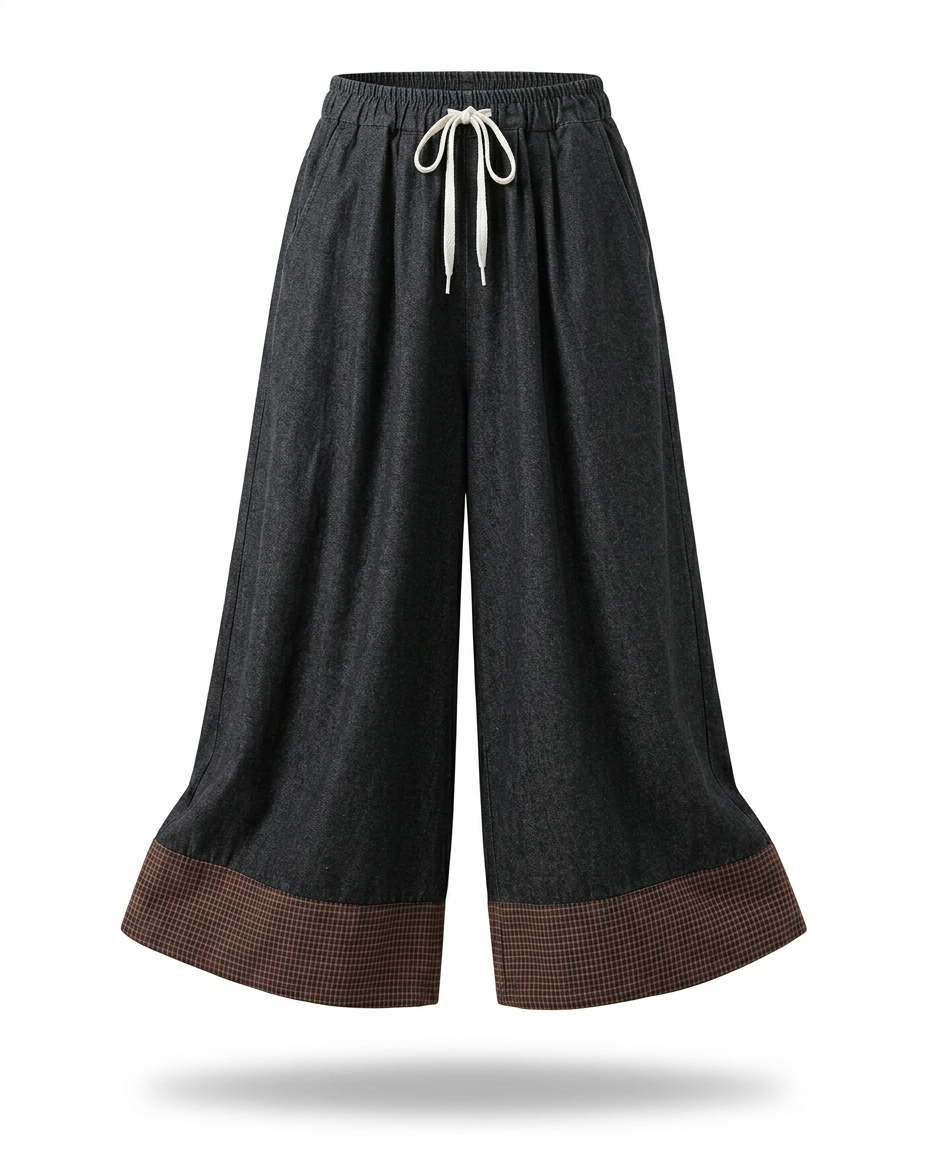Unique Patchwork Wide Leg Trousers Boho Brown