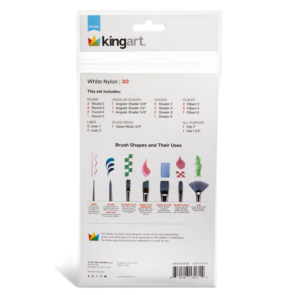 Studio Mixed Media White Nylon Brush Set - 30 pc KINGART