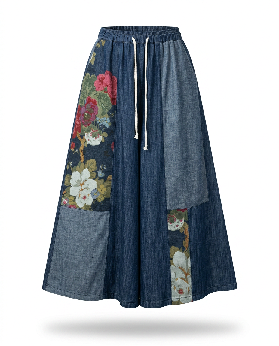 Unique Patchwork Wide Leg Trousers Boho Brown