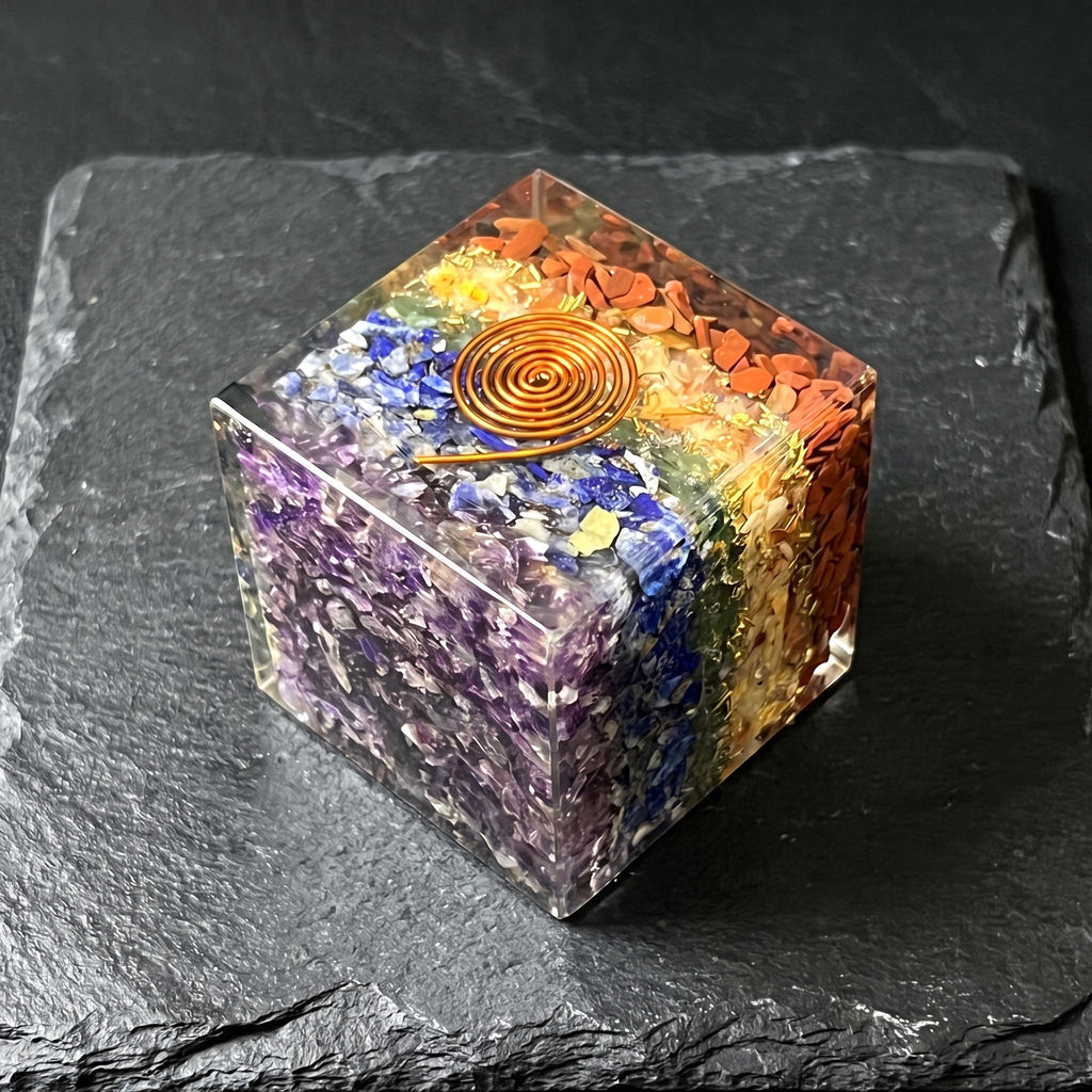 Large 7-Stone Crystal Resin Orgone Cube Reiki Chakra Carving Amazing Crystals