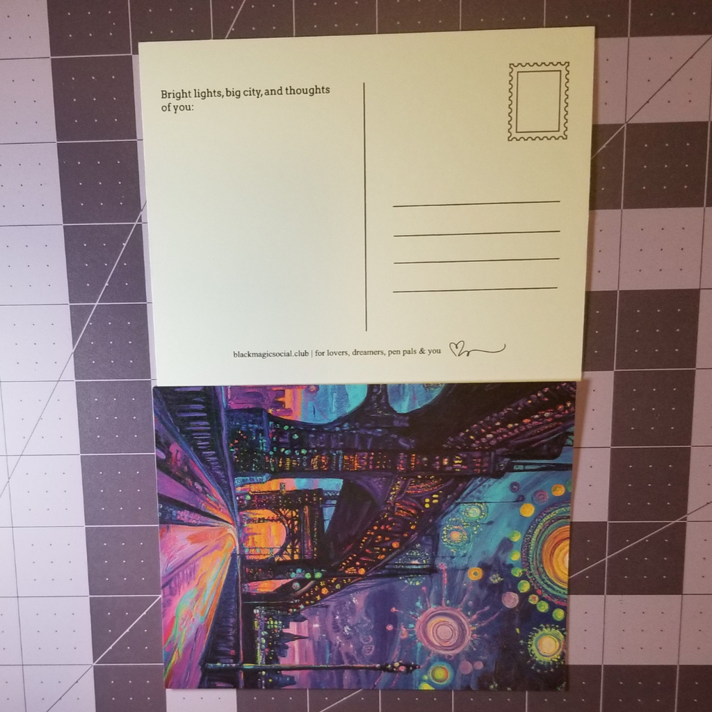 "Bright Lights" – Dreamy City Bridge Postcard - Surreal Nightscape Art Print Black Magic Social Club