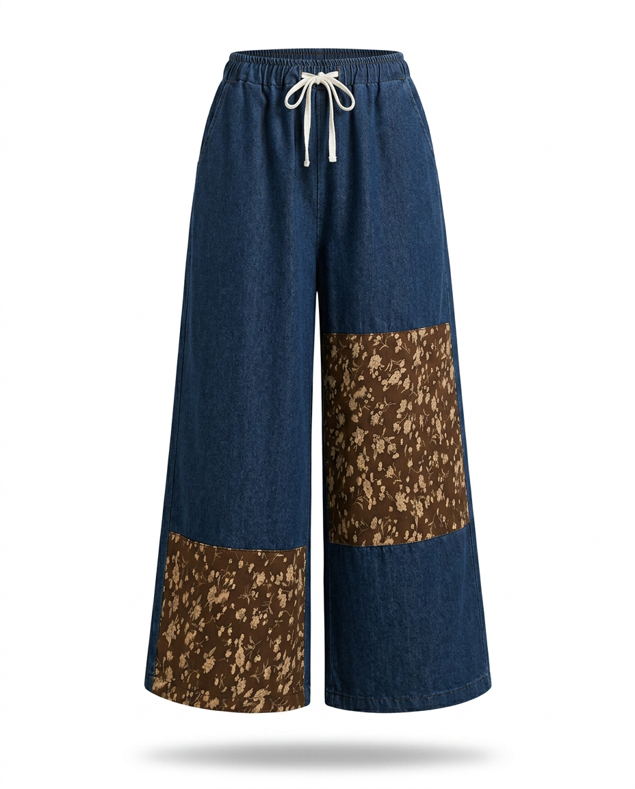 Unique Patchwork Wide Leg Trousers Boho Brown
