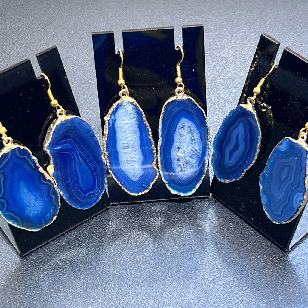 Blue Agate Slice Earrings Pair (Gold Plated Edges)(Stainless Hooks) Geode Slice Jewelry Amazing Crystals